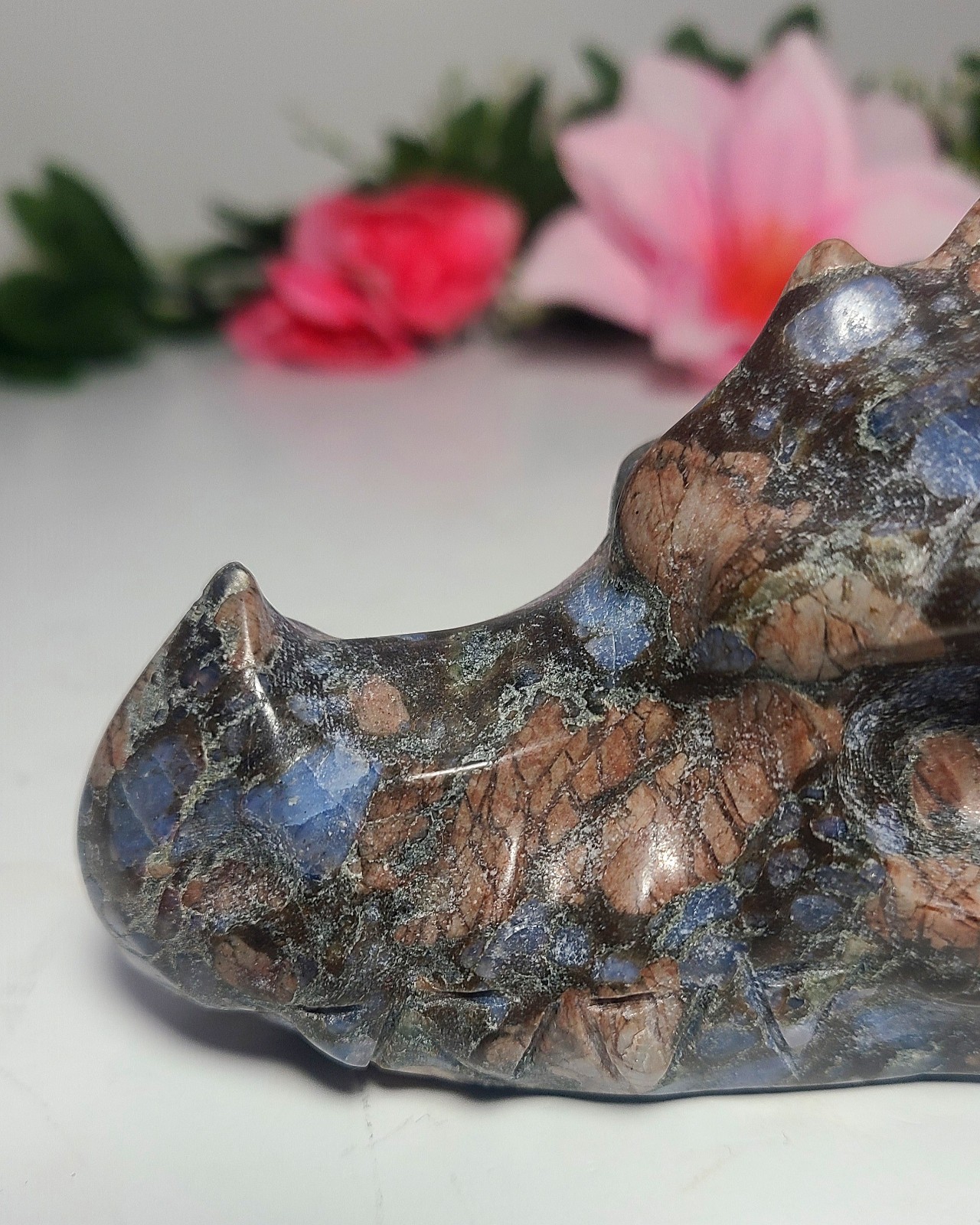 Large 5″ 575g Que Sera Llanite Dragon Skull Head Crystal Carving Stone Statue