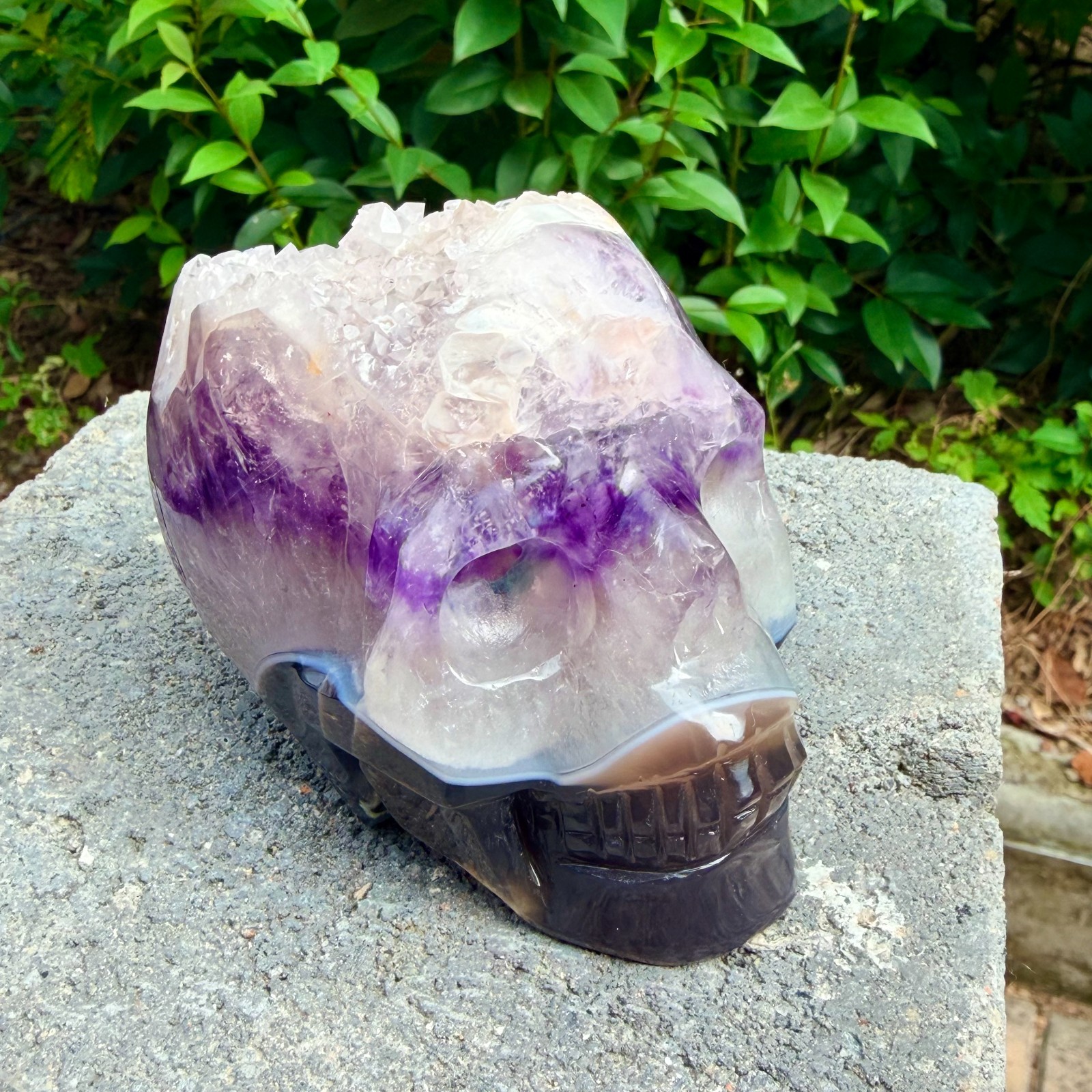1.87lb Amethyst agate crystal cave skull, Rare hand carved skull specimen