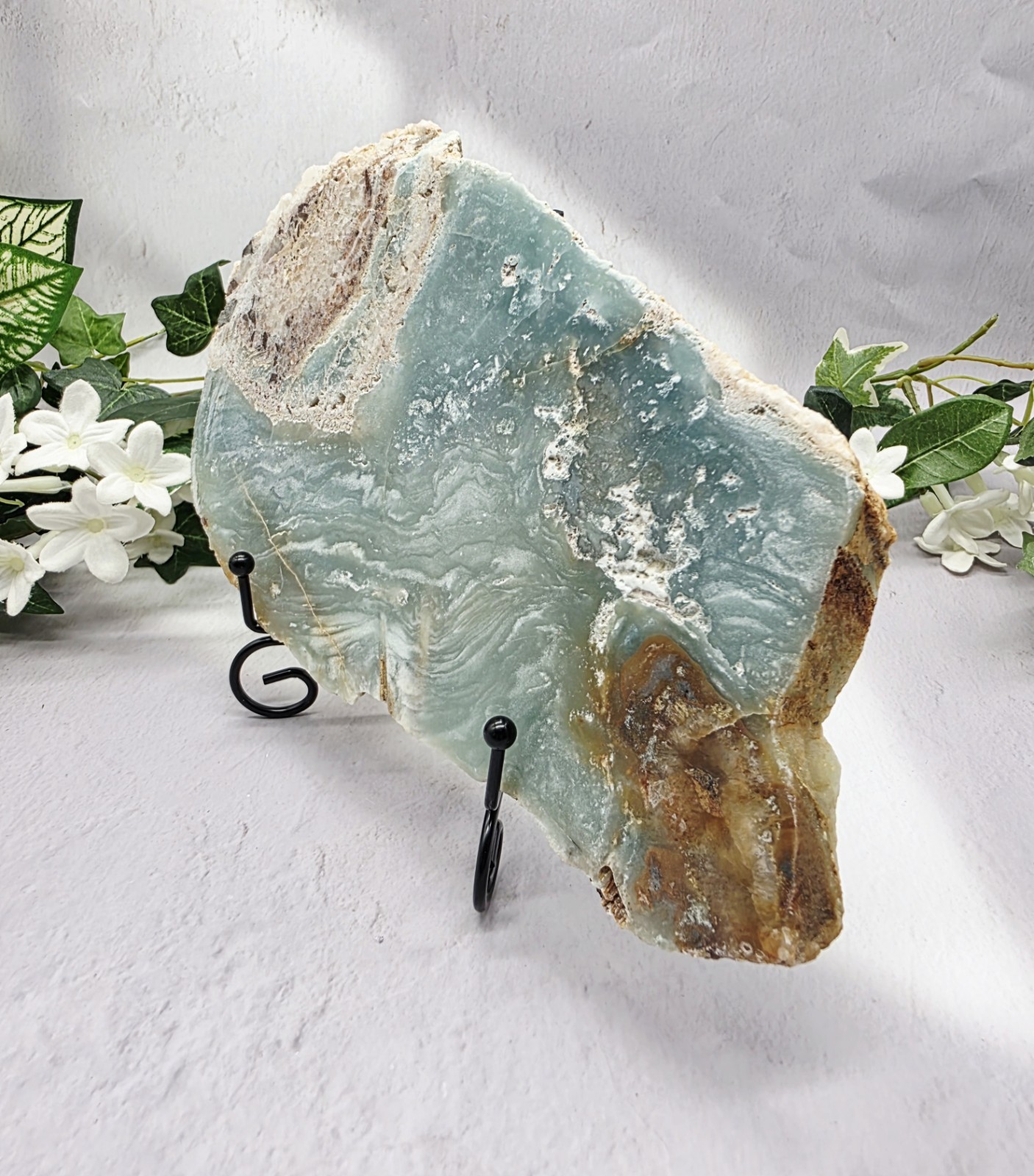 Caribbean Calcite Slab w Metal Stand Natural Blue Calcite Display 2 lb 8 oz