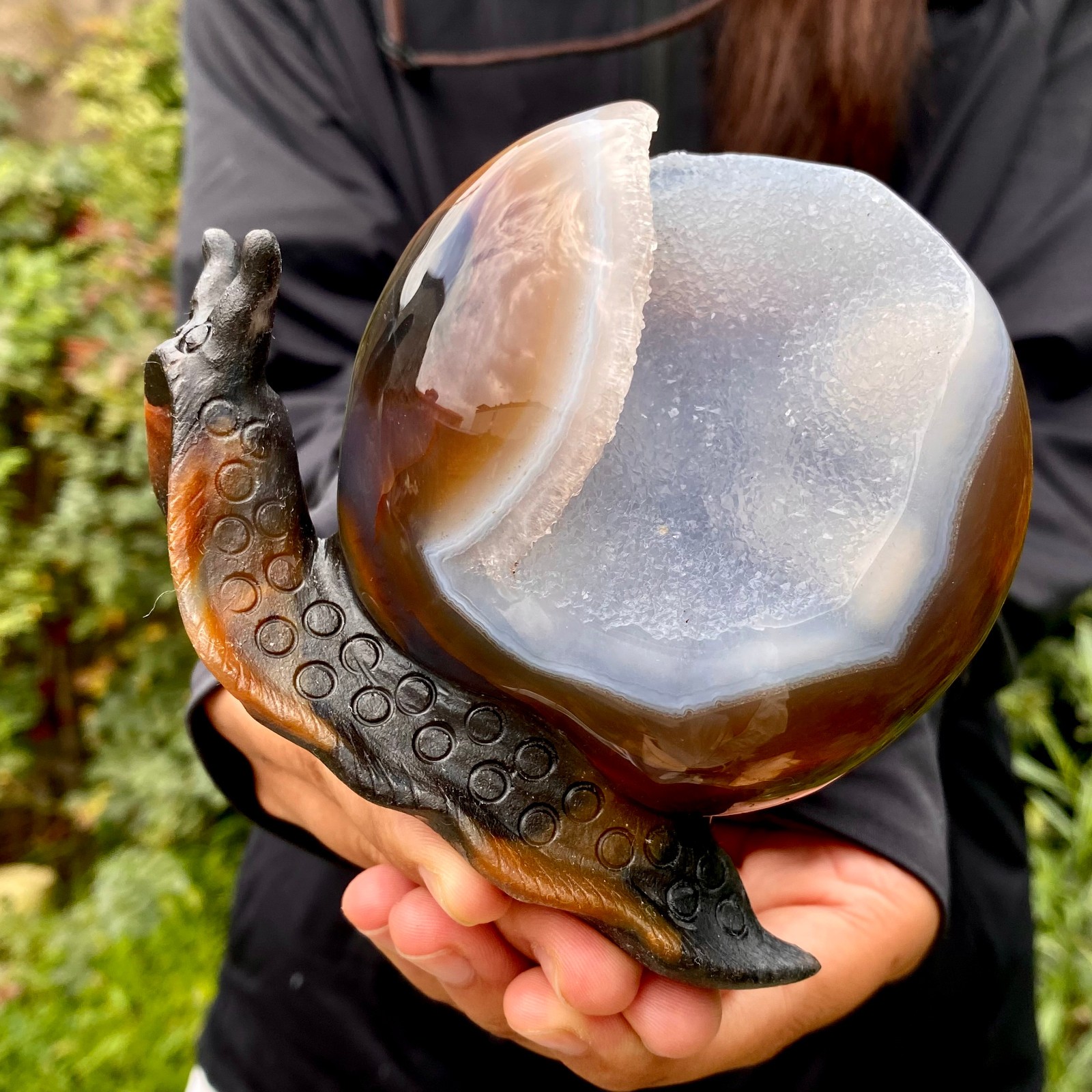 1.2LB Natural Agate Hand Carved Snail Crystal Healing Stone Decor With Stand