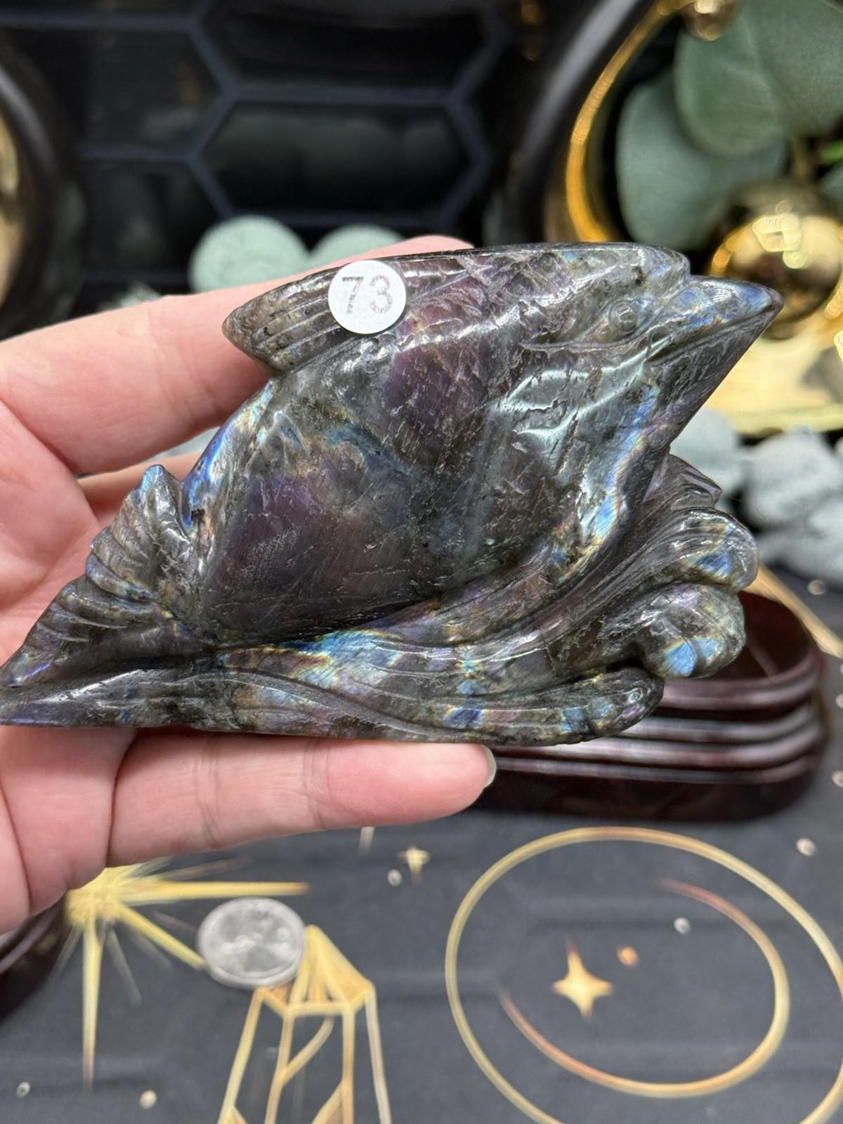 Natural Labradorite harbor porpoise Carving w/ custom stand Rainbow/Purple Fash