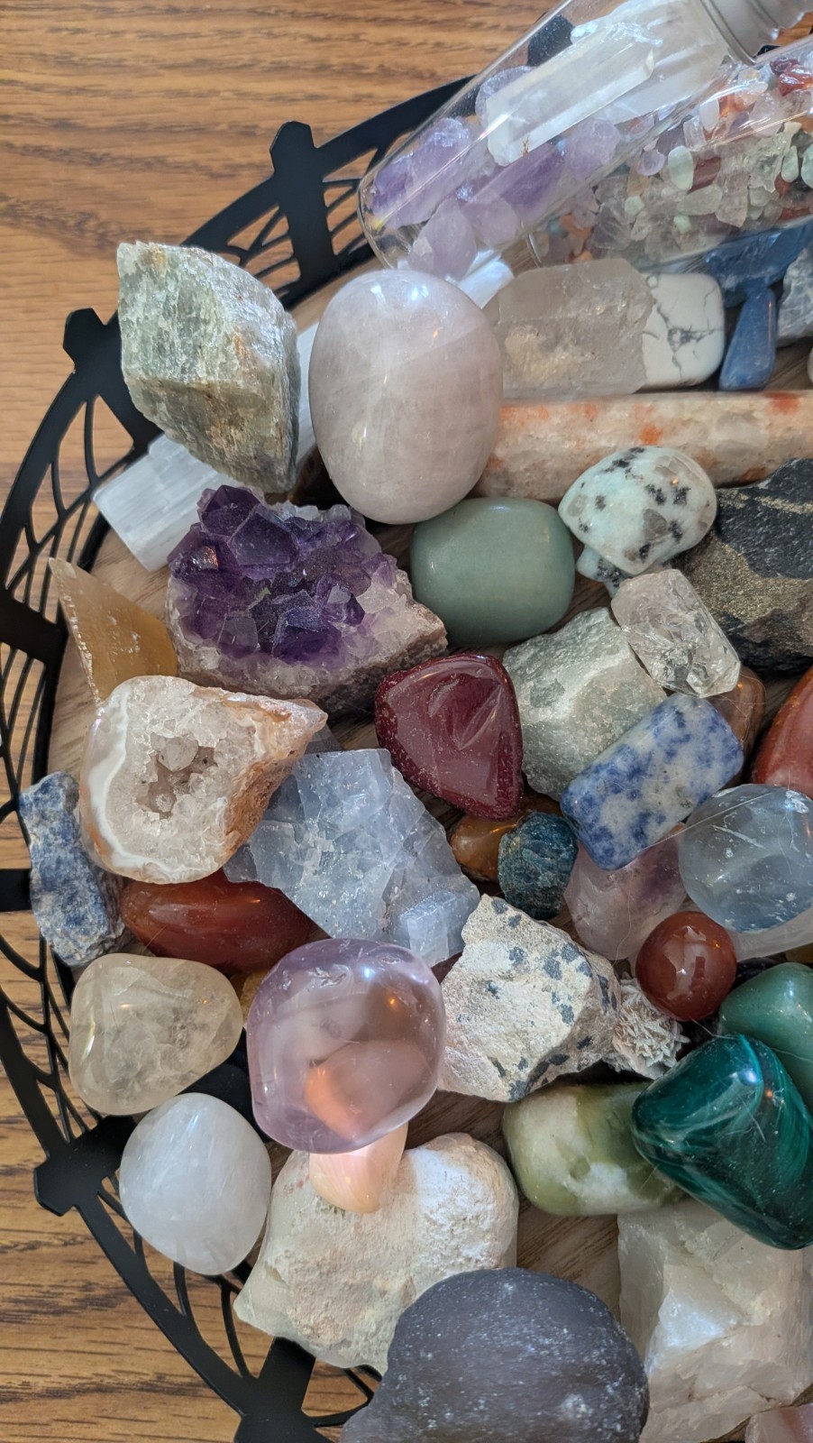 Mixed Crystal & Mineral Lot Tumbled Stones, Points, Mini Glass Vials in Basket