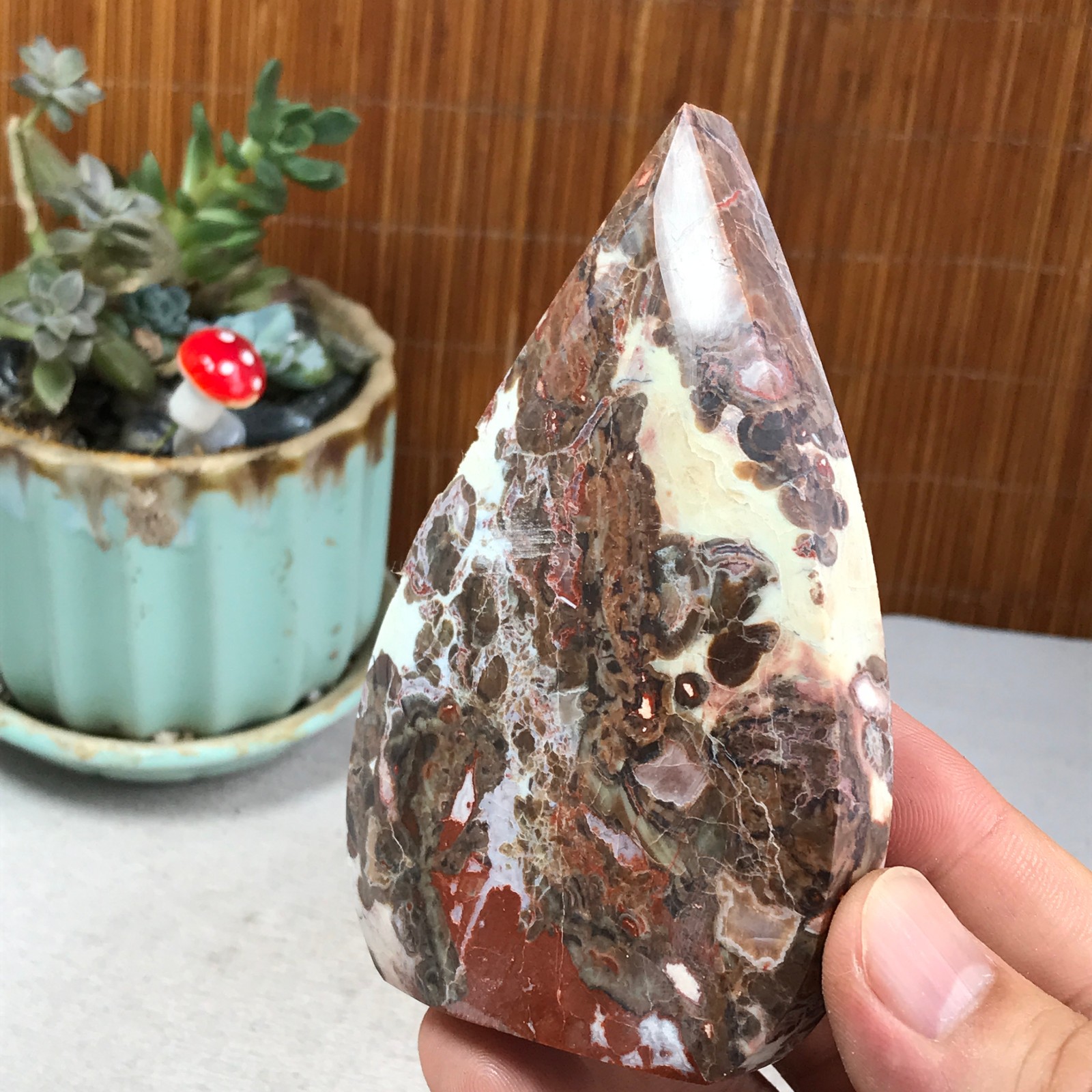Natural money Mexico agate hand carve leaf Crystal Specimen free standing A6272
