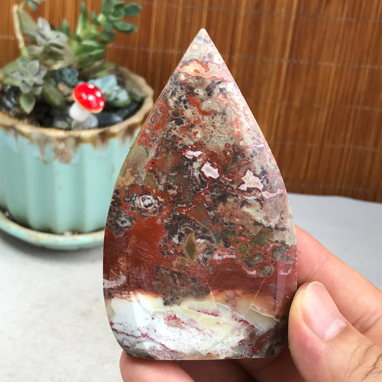Natural money Mexico agate hand carve leaf Crystal Specimen free standing A6267
