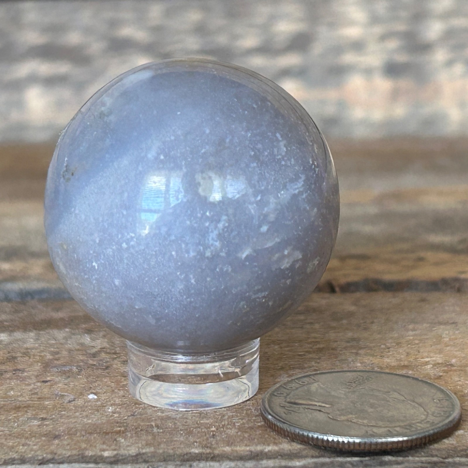 Gray Chalcedony Sphere 35mm – Soft Blue Gray Crystal Ball with Stand