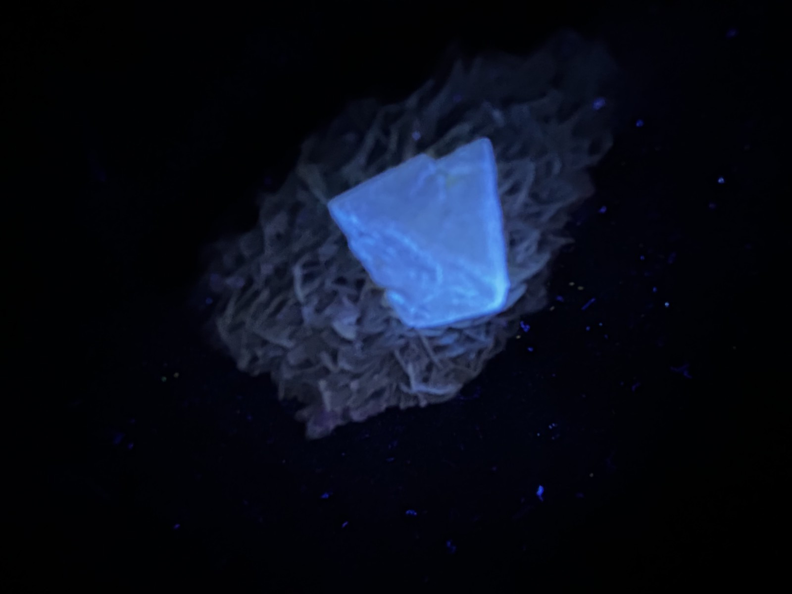 KB: SW FL BRIGHT BLUE/WHITE & LW ORANGE SCHEELITE XLS. FROM PINGWU MINE, CHINA