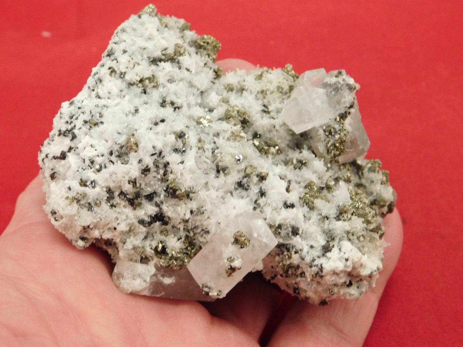 FLUORESCENT Calcite CRYSTAL Cluster on PYRITE with Druzy Quartz Peru 163gr