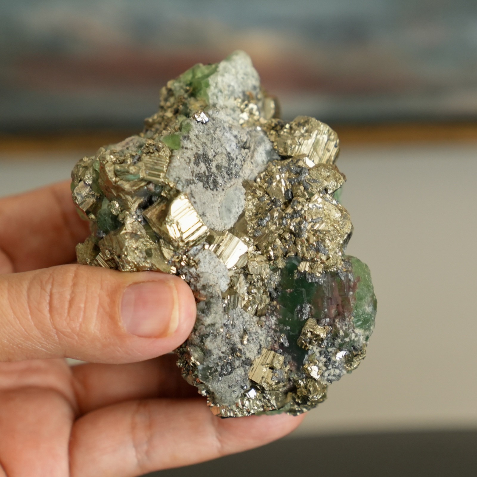 Rare Peruvian Green Fluorite with Golden Pyrite Cubes – Huanzala, Peru, 1.299 lb