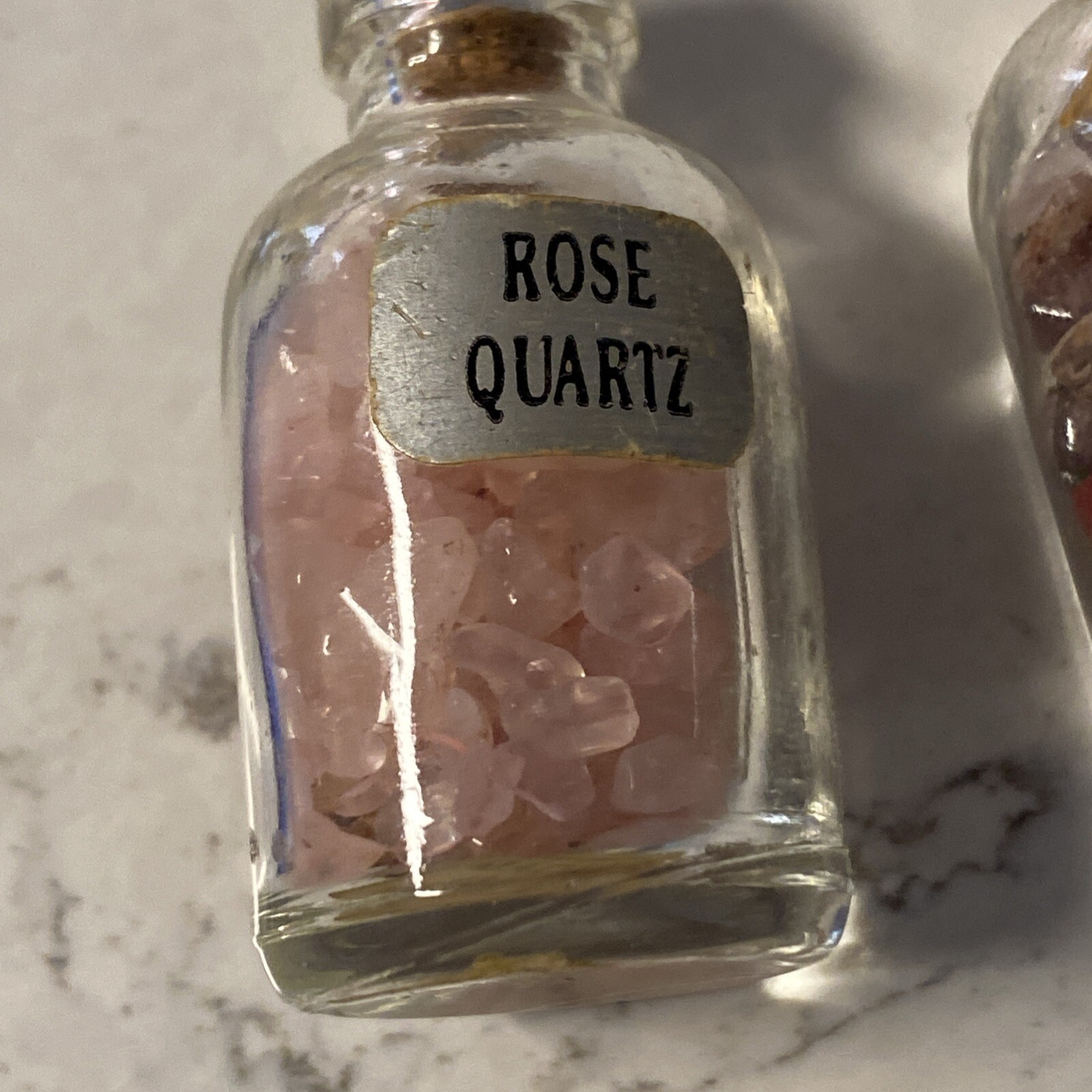 Miniature Glass Jars Cork Stopper Rose Quartz& Gemstones Stone Chip Pieces
