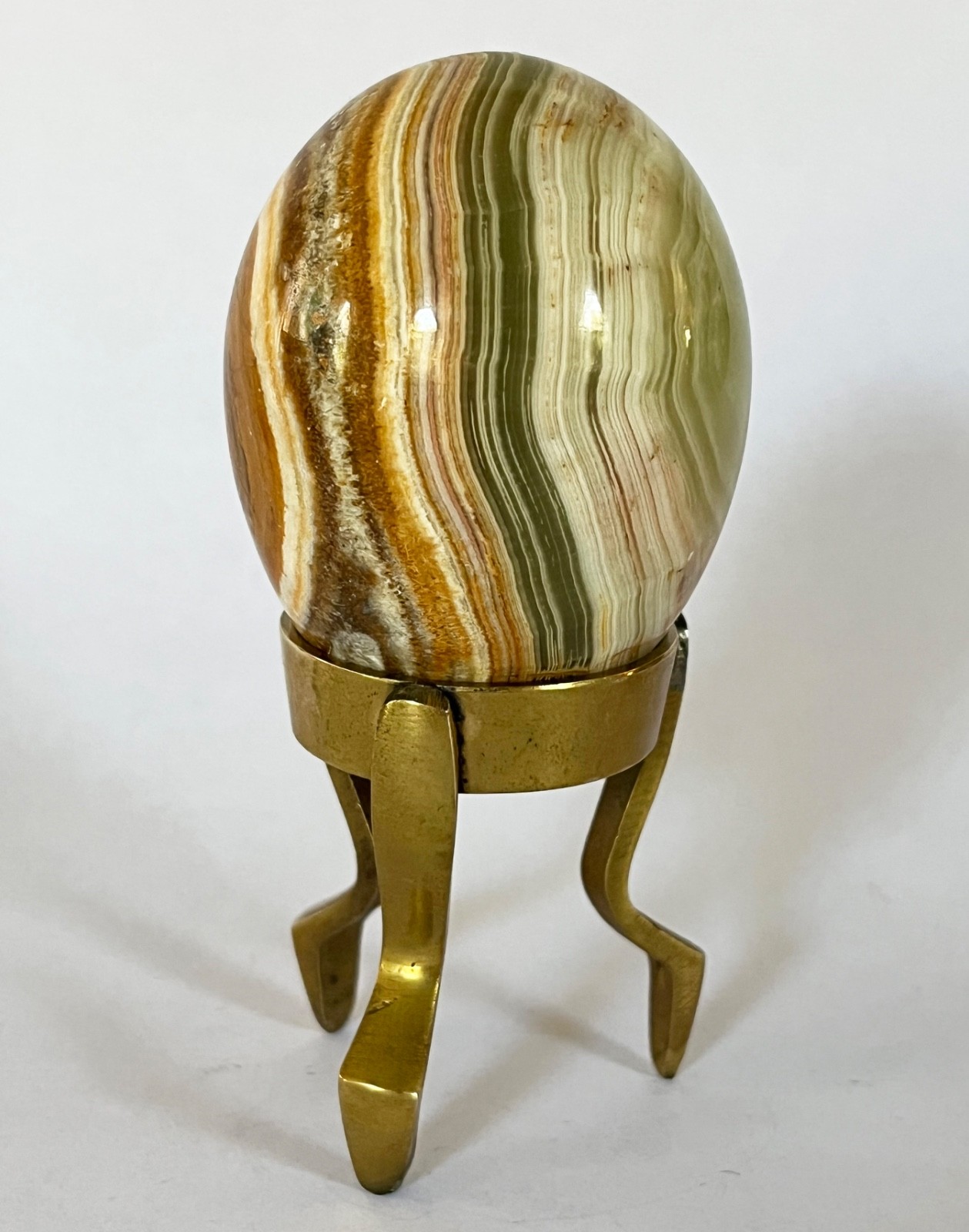 Polished Banded Onyx Stone 3″ Tall Egg on Brass Stand, Protection Stone