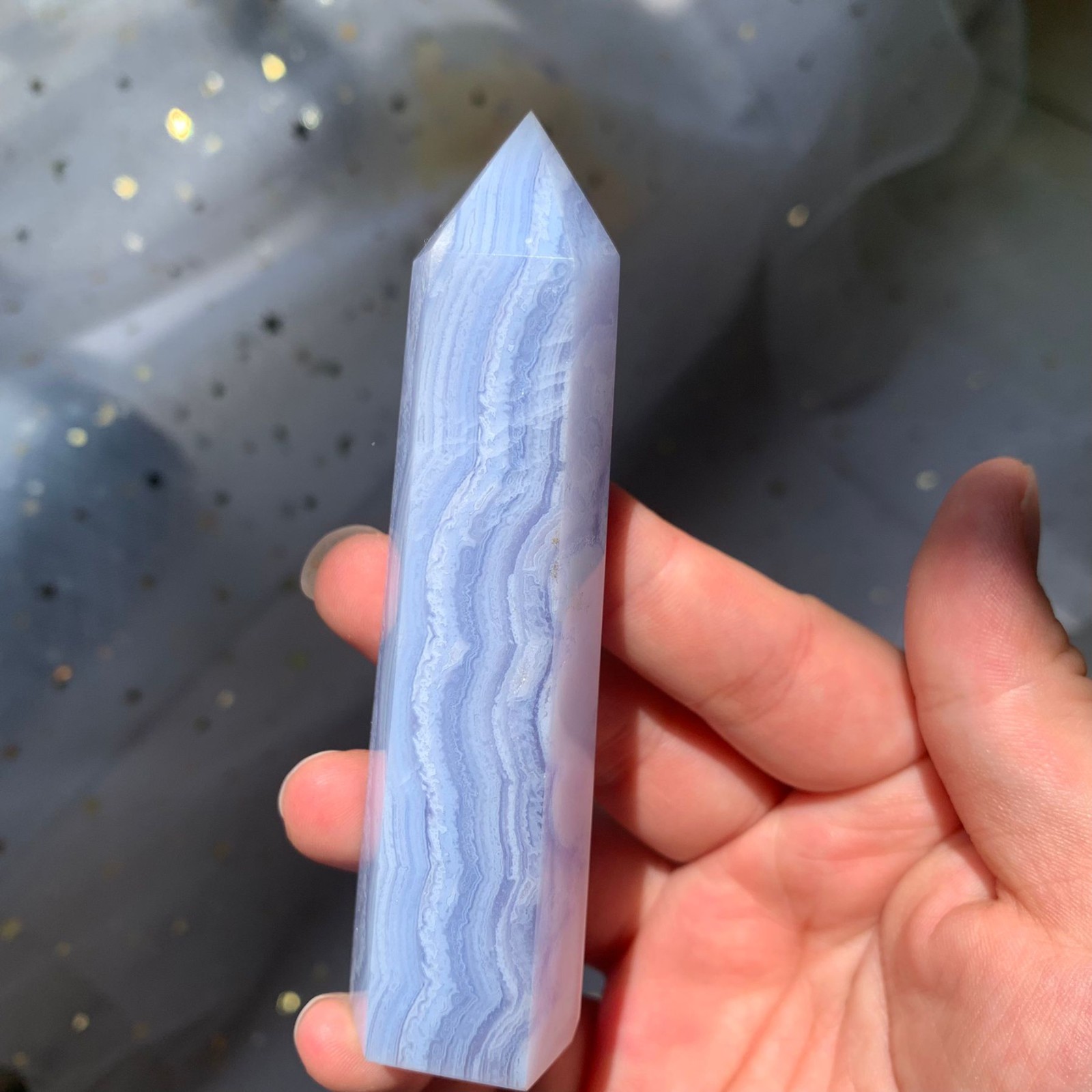 93g Blue Lace Agate Obelisk Point Healing Crystal Stone Sacred Geometry Decor