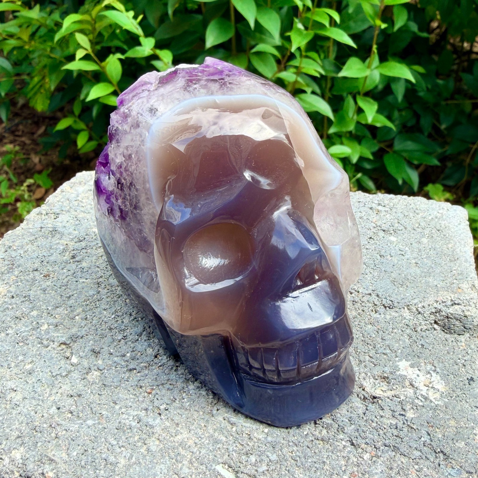 1.73lb Amethyst agate crystal cave skull, Rare hand carved skull specimen