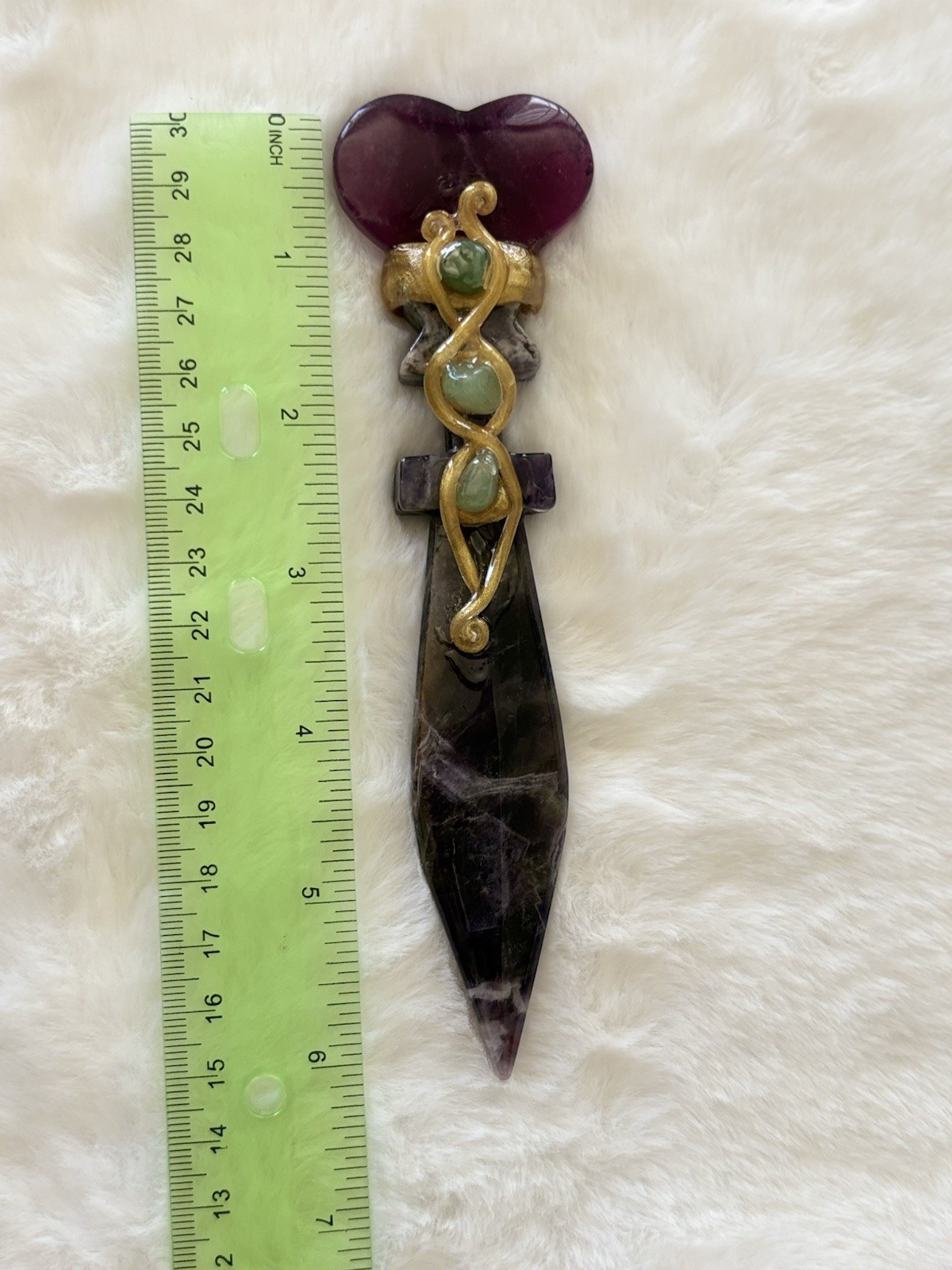 Purple Amethyst Carved Crystal Wand Gold Tone Detail, Green Stones, 6in