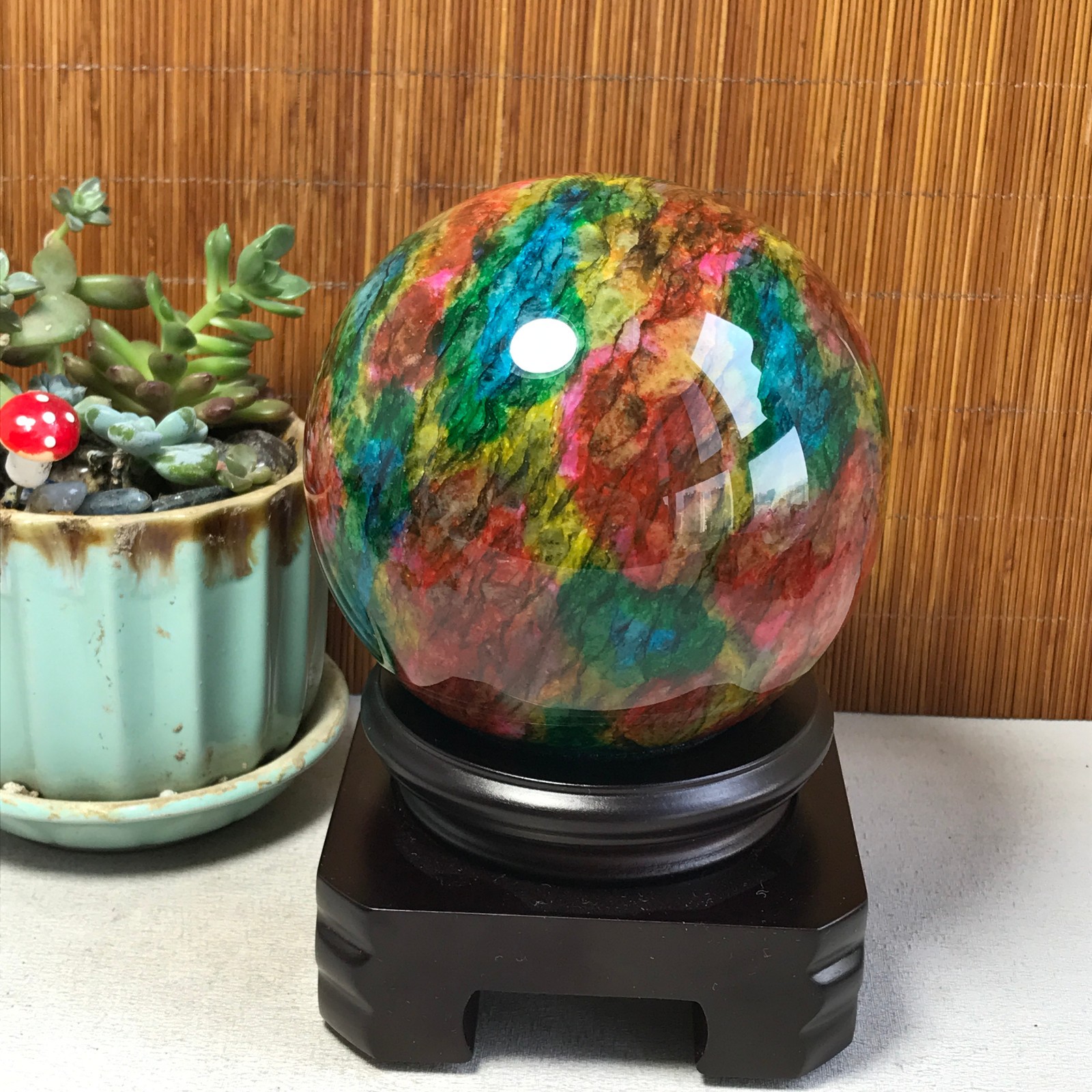 Natural “Seven Colors Jade” sphere Ball -Taiwan China 1.85kg Base Random A5802