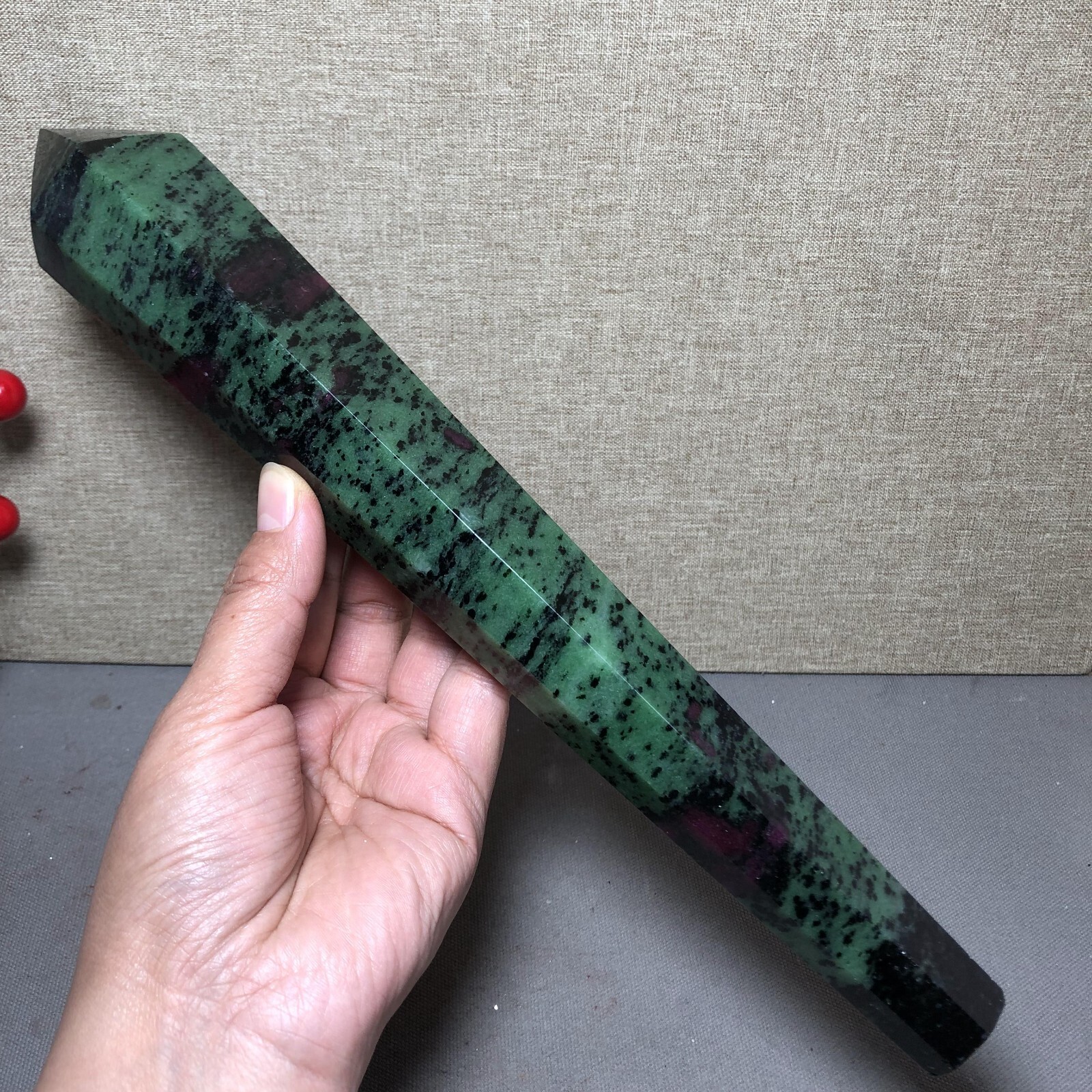295mm Long Natural red green epidote wand Obelisk Crystal specimens 716g A4537