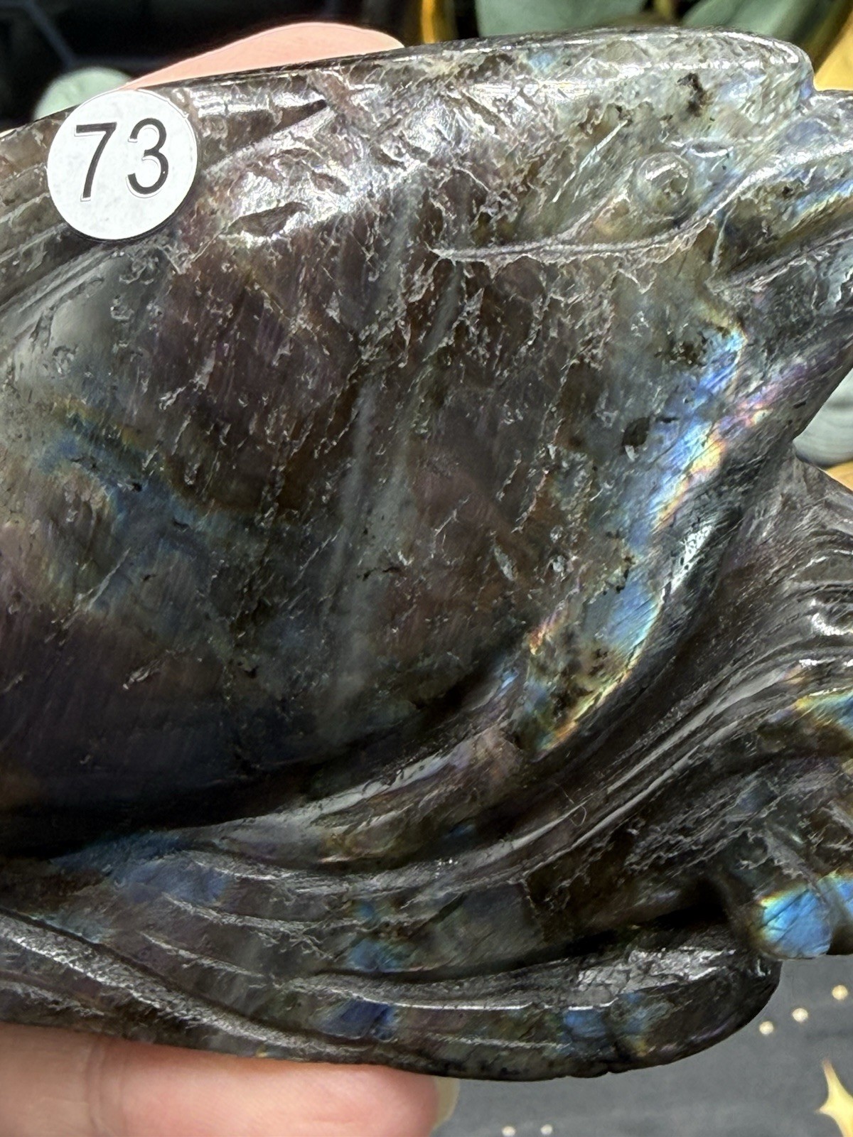 Natural Labradorite harbor porpoise Carving w/ custom stand Rainbow/Purple Fash