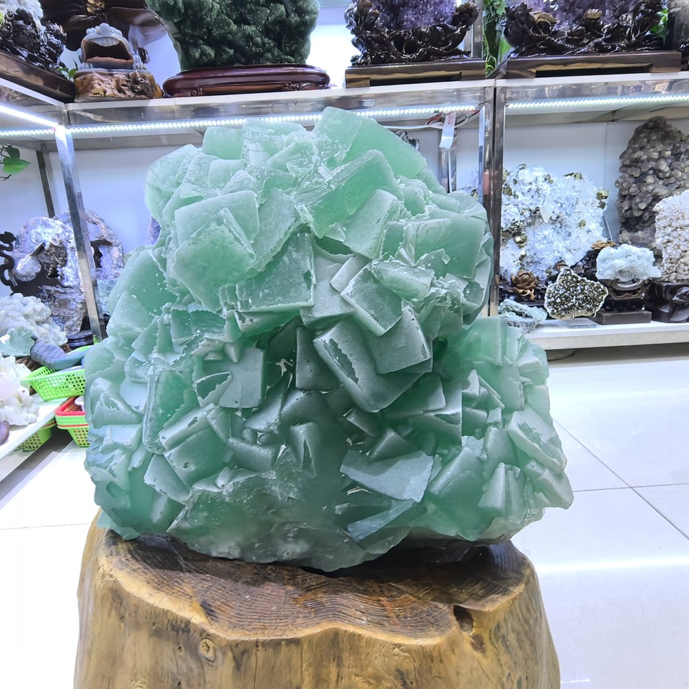 110LB Top Natural Green Fluorite Quartz Cluster Crystal Mineral Specimen + stand