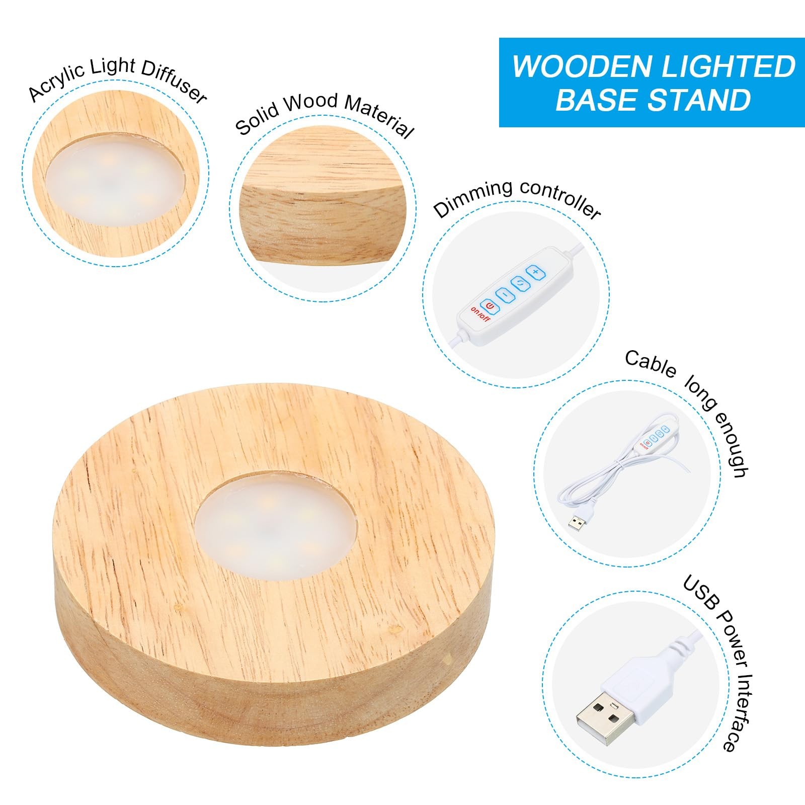 4 Inch Wooden LED Light Base, Wood Light Display Base Stand Lighting with Swi…