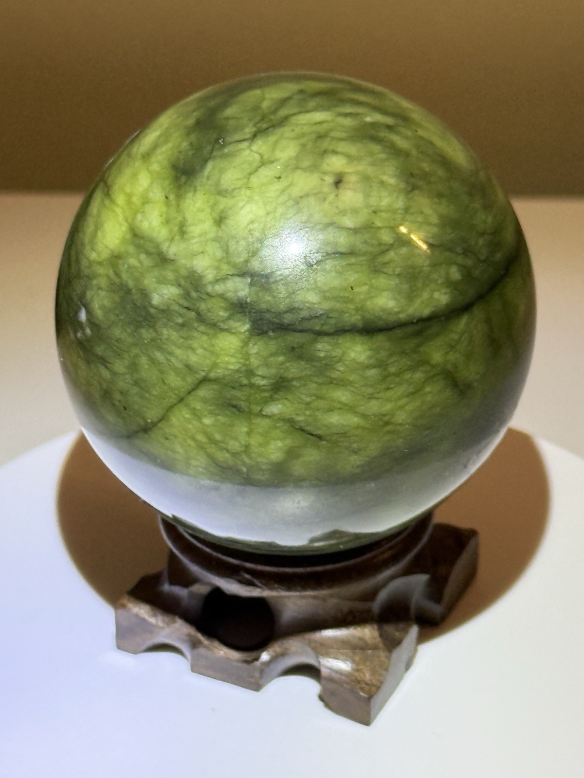 STUNNING Polished Nephrite Jade Sphere w/ Wooden Stand