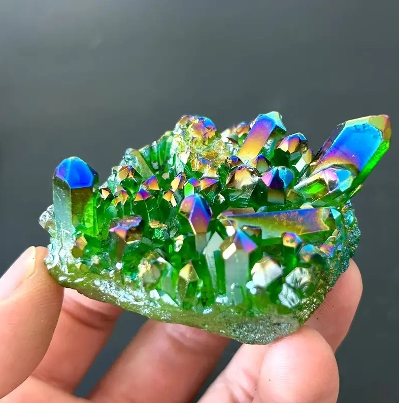 80-100g Titanium Aura Green Healing Crystal Quartz Cluster Geode Home Decor