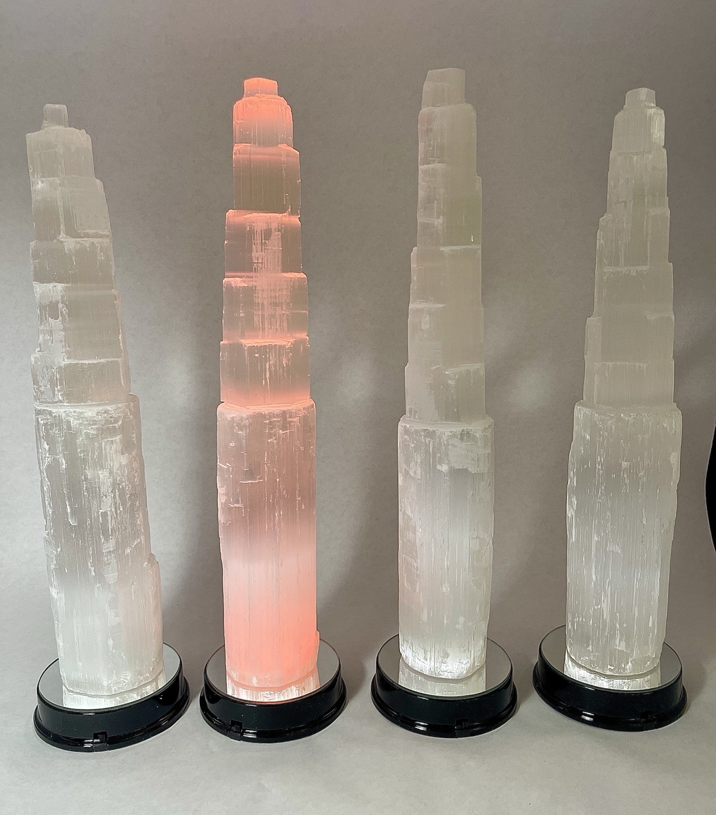 12” Display Crystals Of Satin Spar Tower W/ 6 Color LED Light Stands Included!
