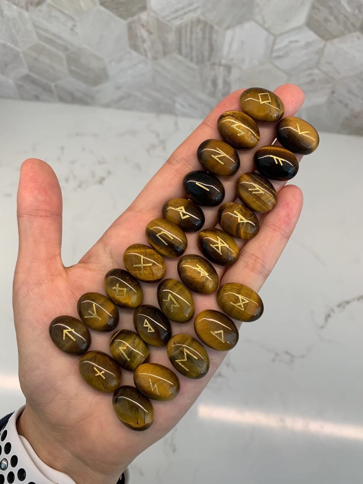 Tiger’s Eye Crystal Rune Stones Set of 25, Flat Back Stone Engraved Symbol