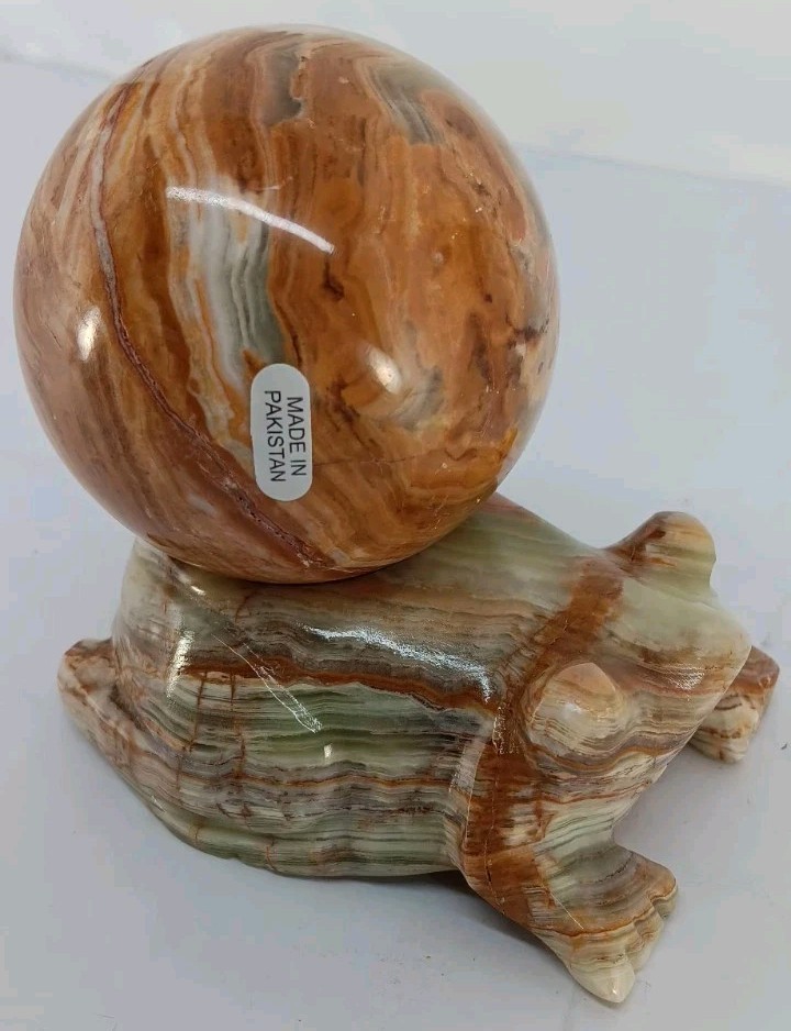 Green Banded Onyx Sphere With Matching Carved Frog Stand From Pakistan