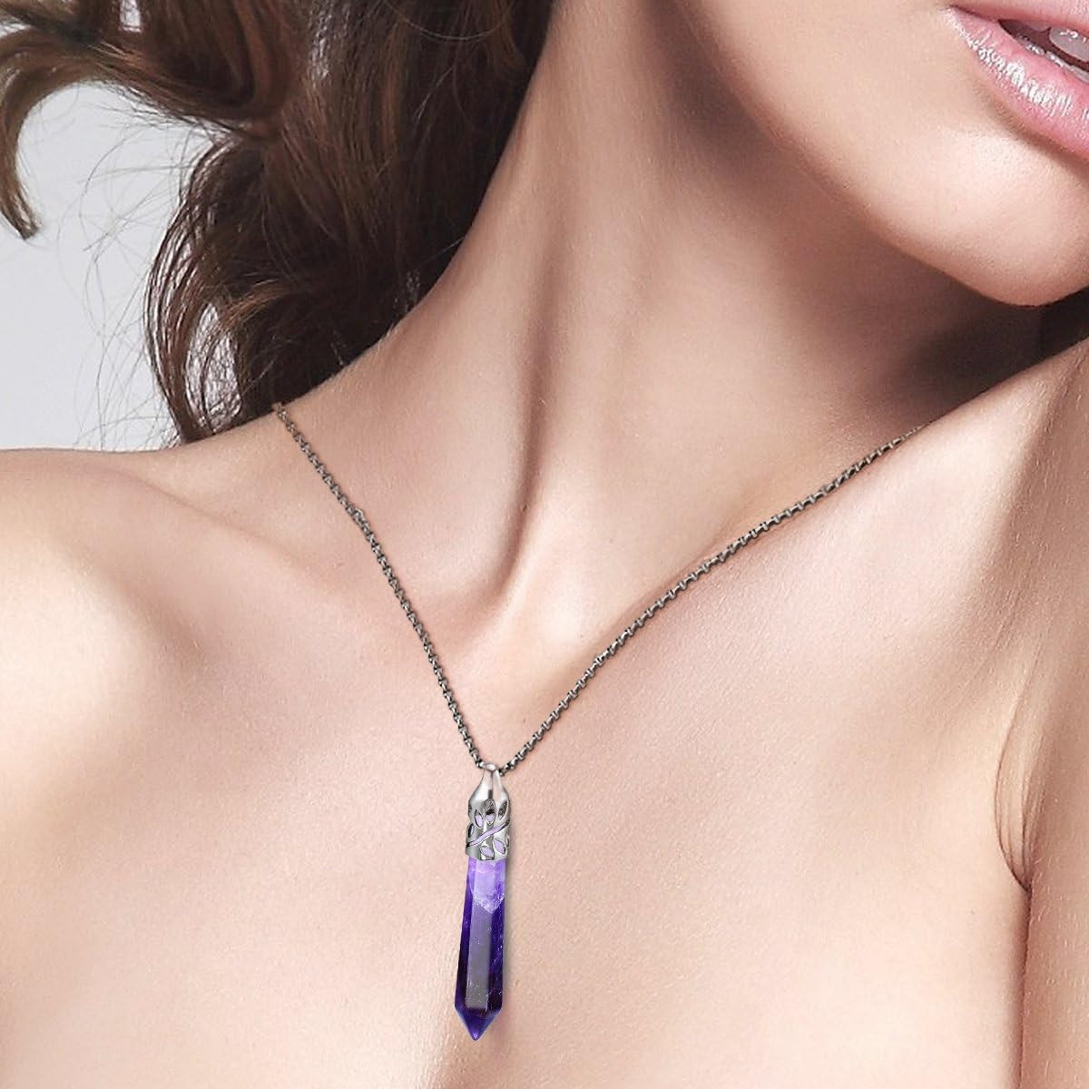 Healing Crystal Necklace for Women Men Natural Amethyst Quartz Crystal Pendant E