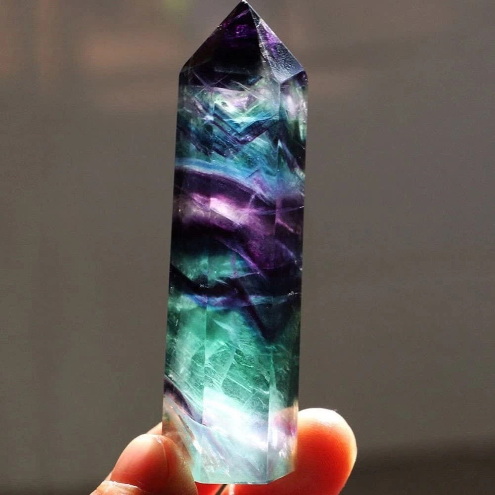 Natural Rainbow Fluorite Tower Obelisk Healing Crystal Point Reiki Wand Decor