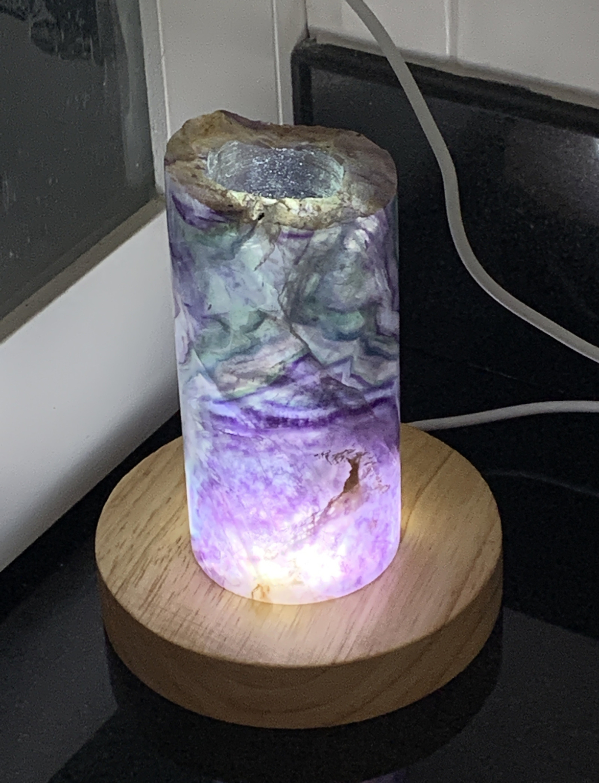 Rainbow Fluorite 4.25” Heavy Hollow Cylinder Night Light With LED Sphere Stand