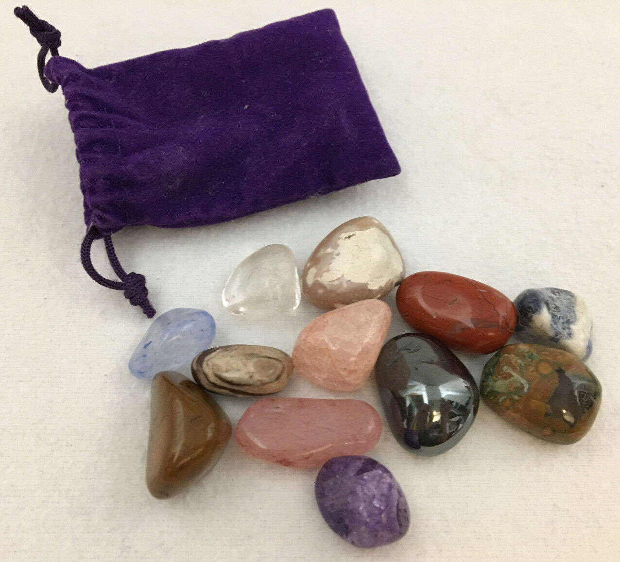 Stones Crystals Tumbled Polished Multi Colors Purple Drawstring Bag 12 Pcs