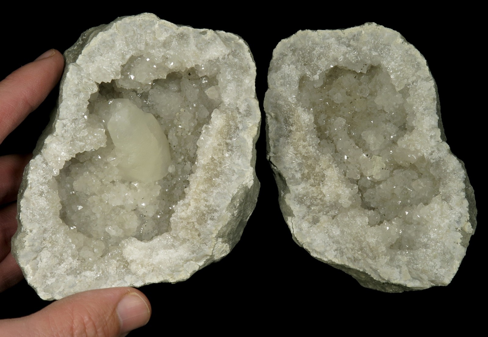 1-1/2″ Barrel Calcite crystal on Quartz w/ Pyrite 5-1/2″ Keokuk Geode !!!