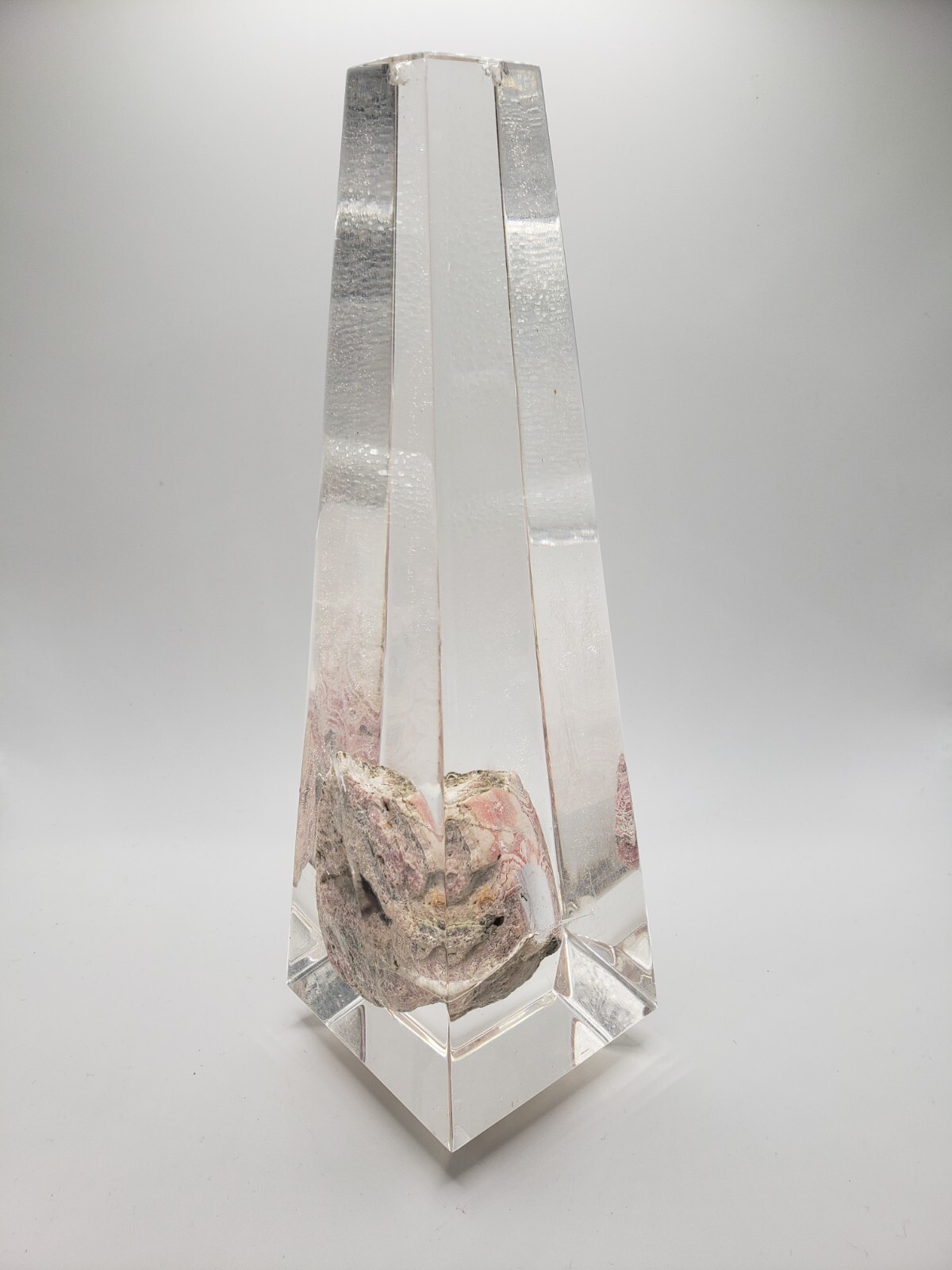 Rhodochrosite Stalactite Inca Rose Pink Mineral Specimen In a Lucite Sculpture