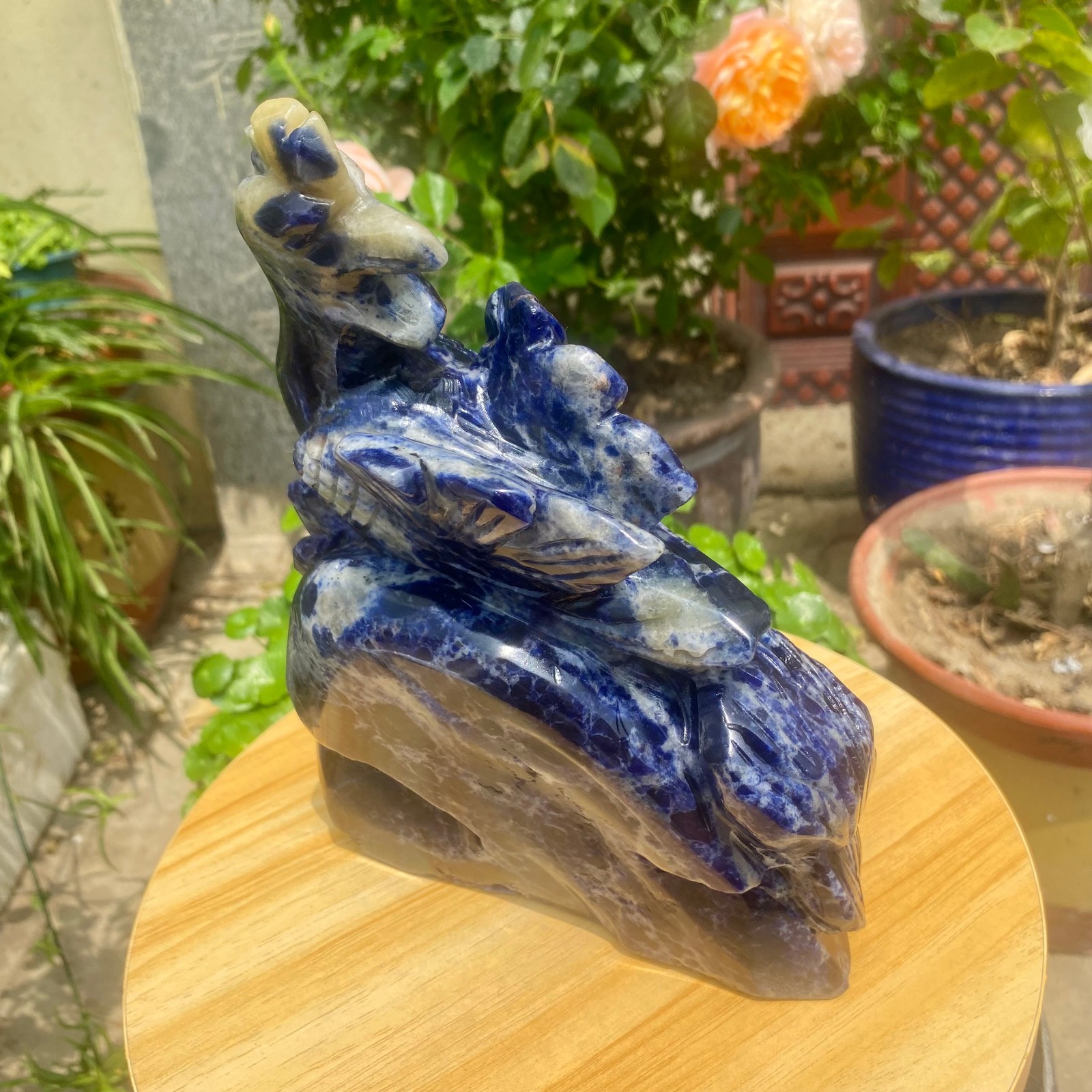 6.17LB Natural Blue Vein Stone Phoenix Carving, Home Decoration