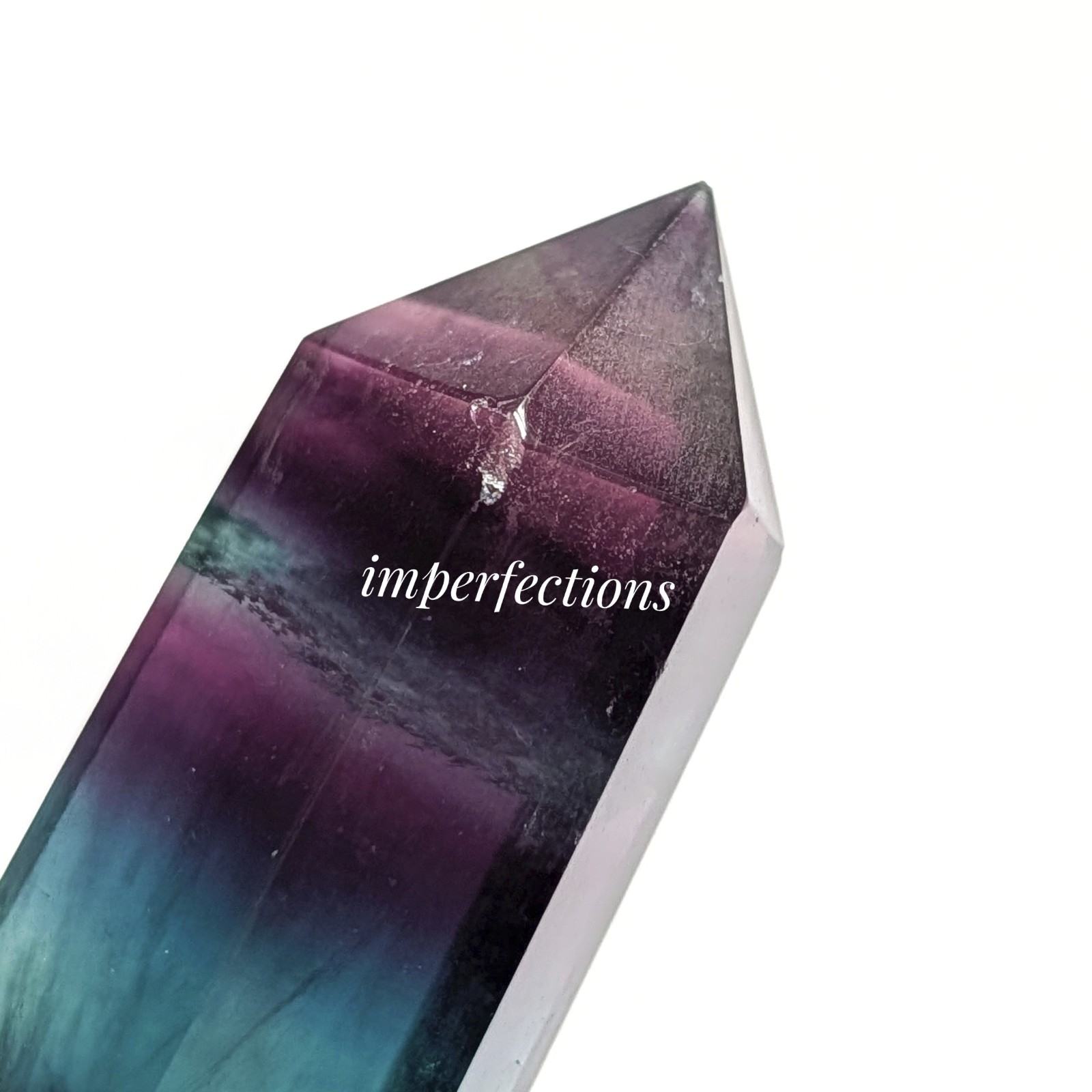 2.3″ watercolor banded fluorite tower point, purple blue teal rainbow fluorite