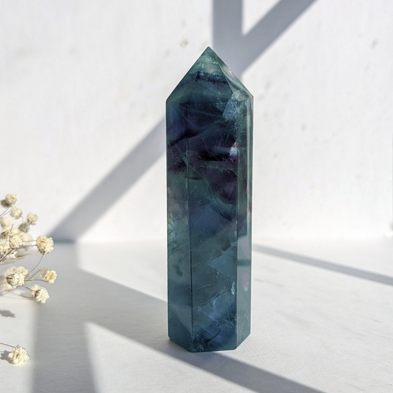 4″ rainbow fluorite tower, teal purple green blue fluorite crystal generator