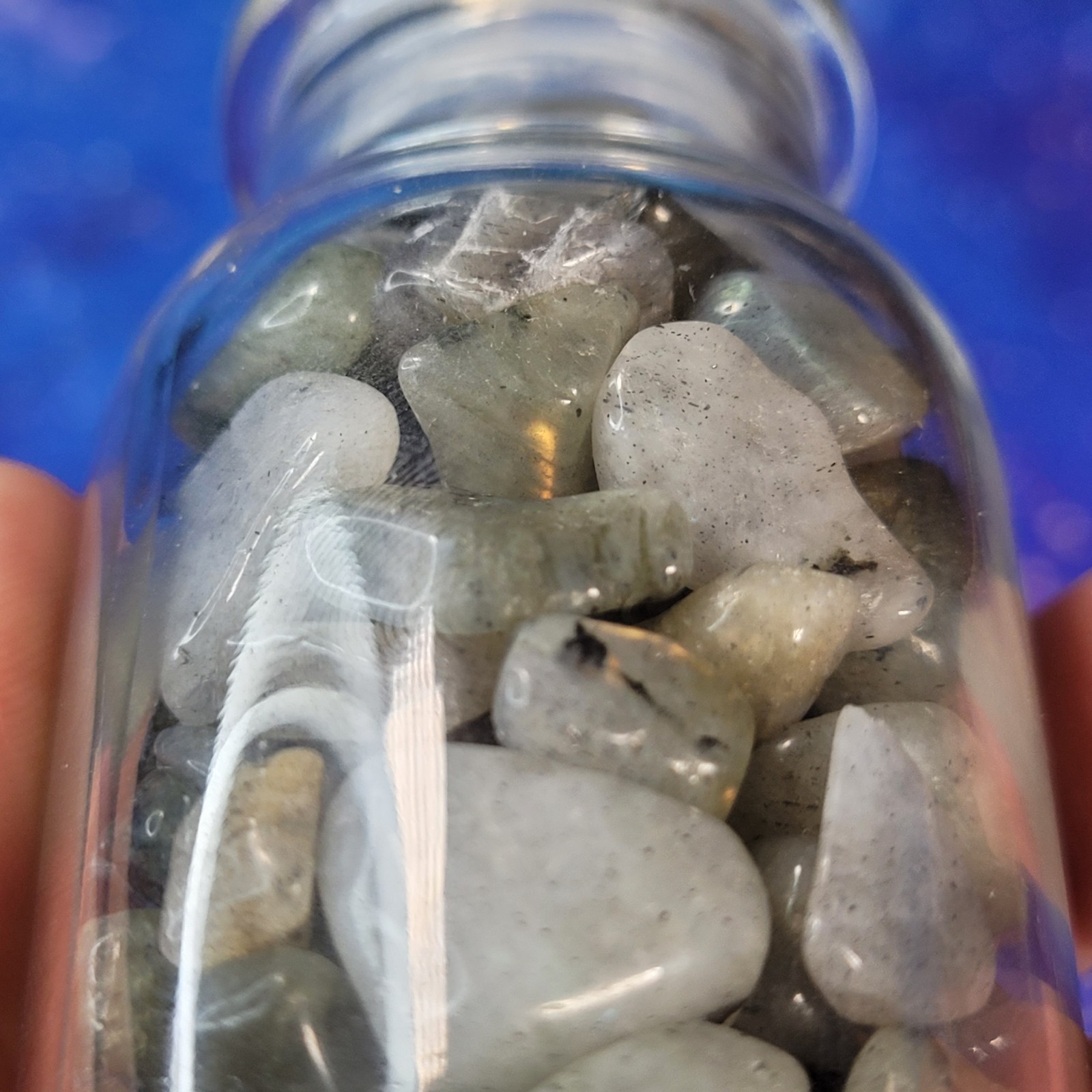 1/4 lb Labradorite Crystal Tumbles in Vintage Apothecary 4oz Glass Jar Witchy