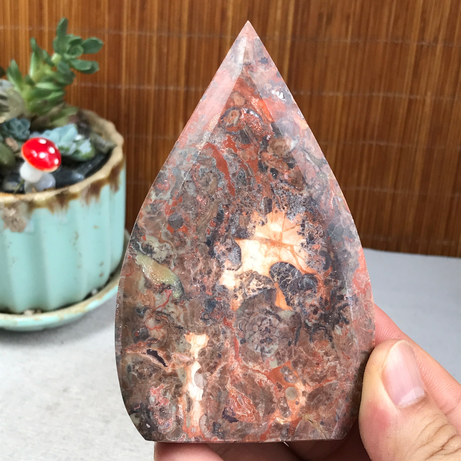 Natural money Mexico agate hand carve leaf Crystal Specimen free standing A6273