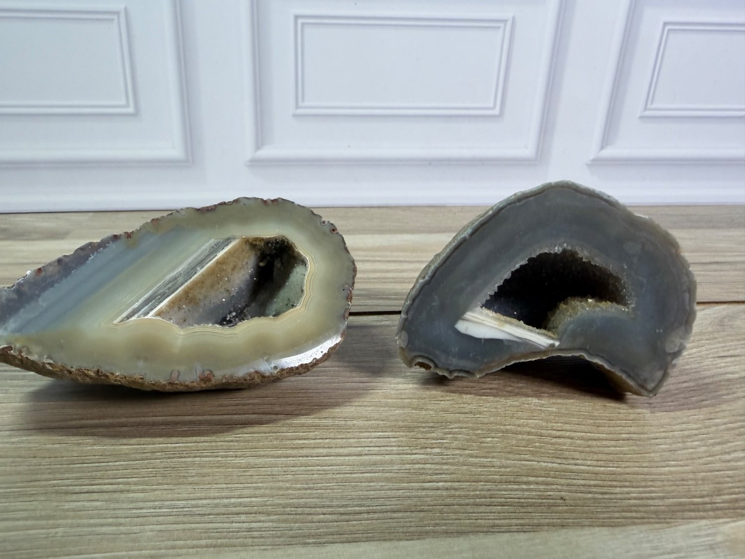 Vintage Natural Agate Geode Polished Banded Quartz Crystal Druzy Pair