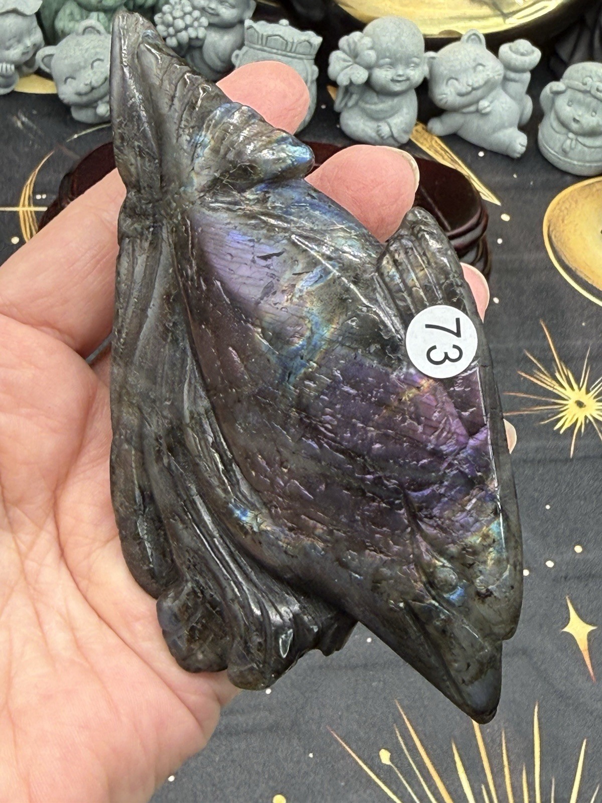 Natural Labradorite harbor porpoise Carving w/ custom stand Rainbow/Purple Fash