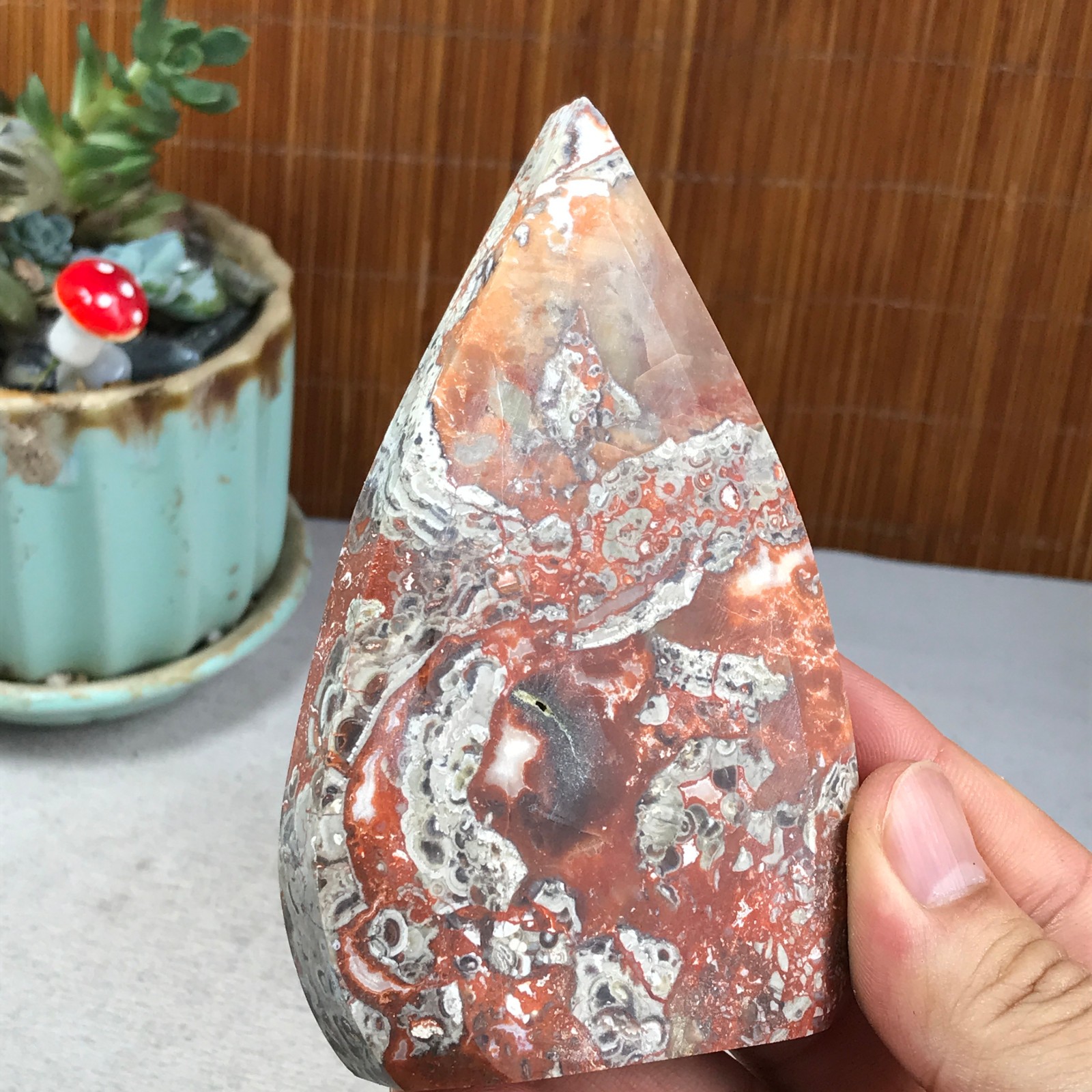 Natural money Mexico agate hand carve leaf Crystal Specimen free standing A6270