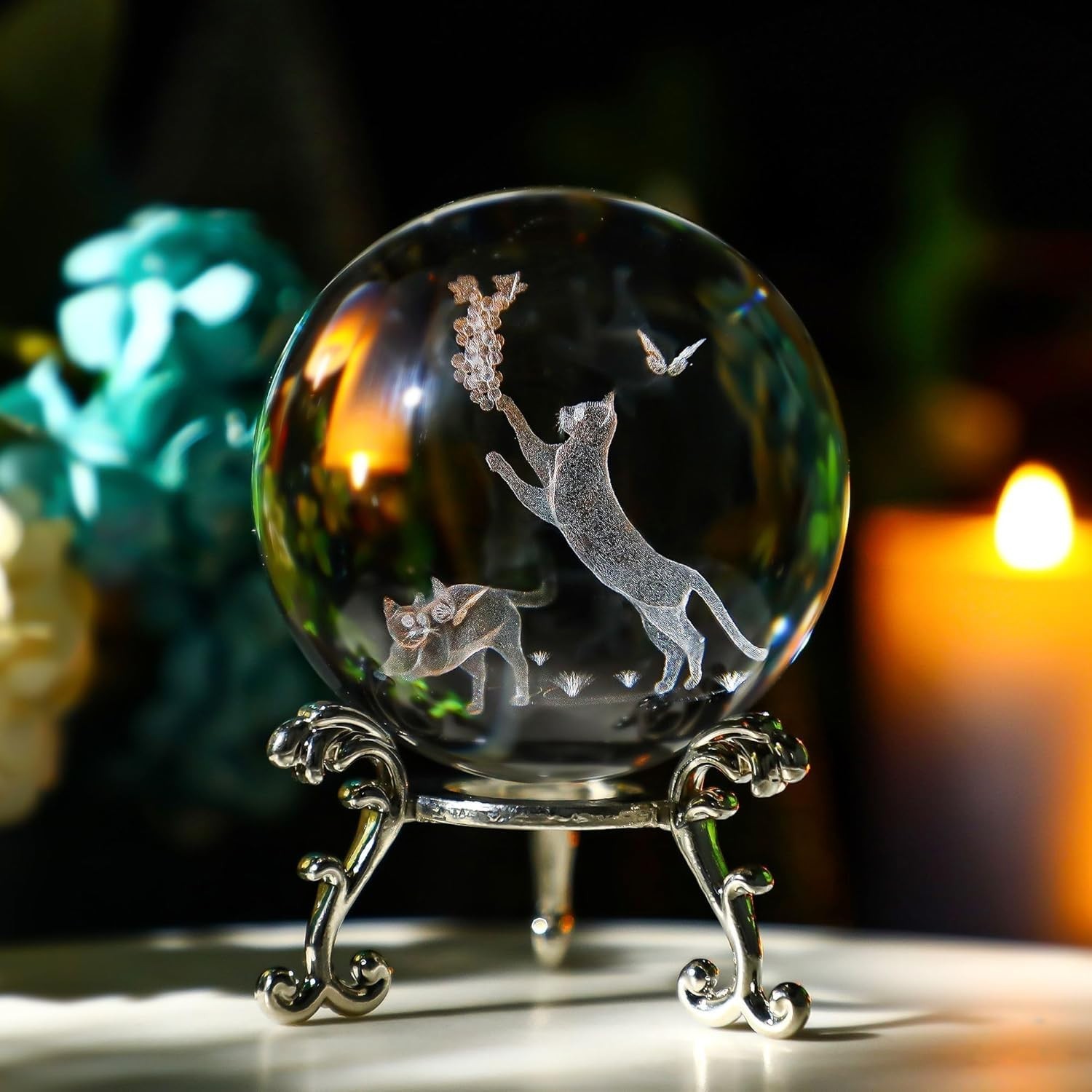 Cat Crystal Ball with Stand 60mm 3D Laser Engraved Decorative Ball Glass Sphe…