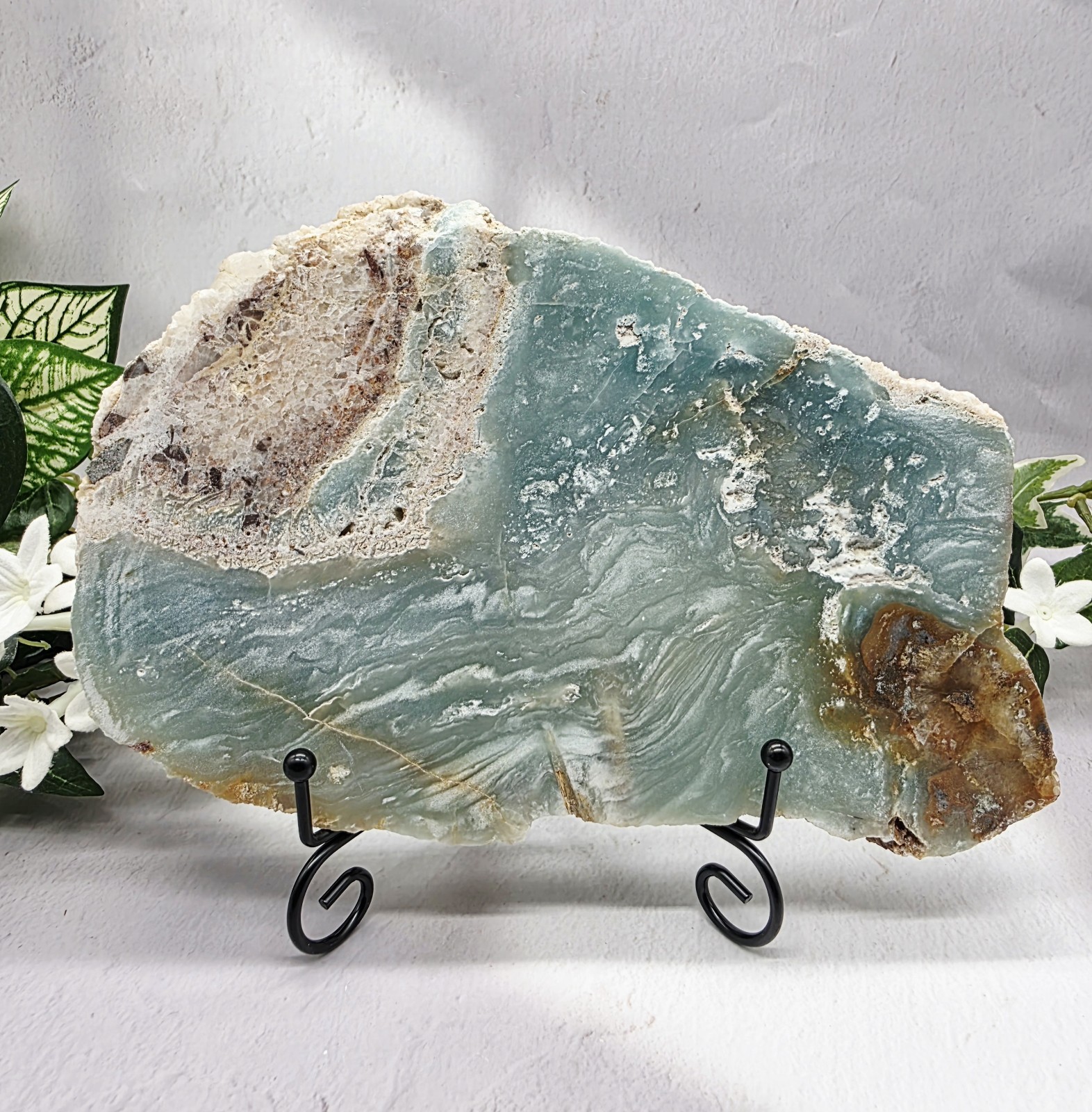 Caribbean Calcite Slab w Metal Stand Natural Blue Calcite Display 2 lb 8 oz
