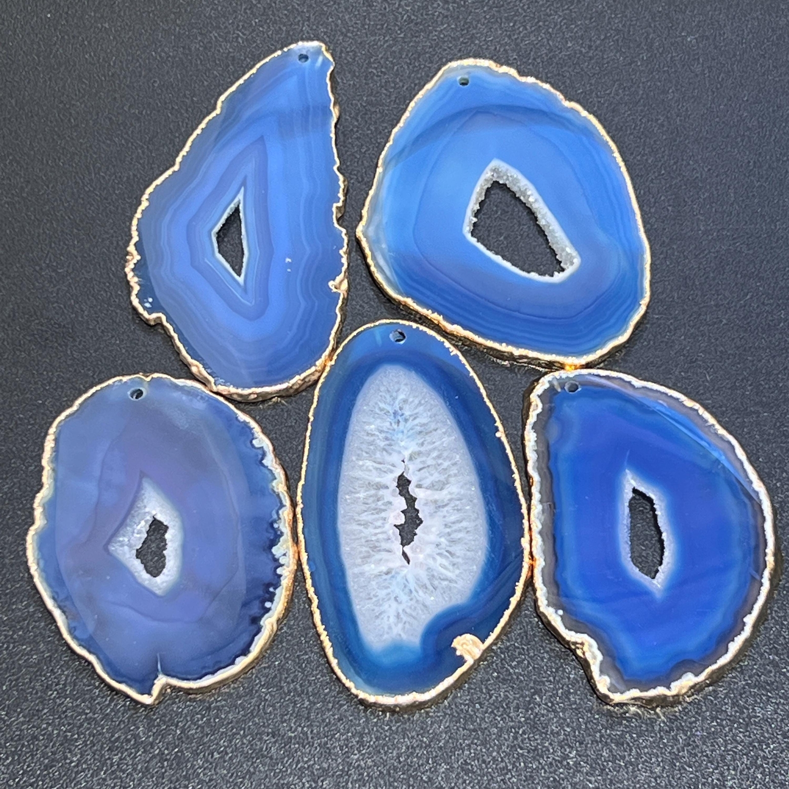 Drilled Blue Agate Slices (2mm Hole)(Gold Plated Edges) Gemstone Decor Craft