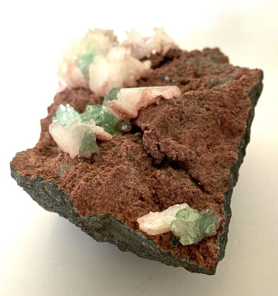 Light Mint Green Apophyllite and Pearly White Stilbite Crystals on Brown Matrix
