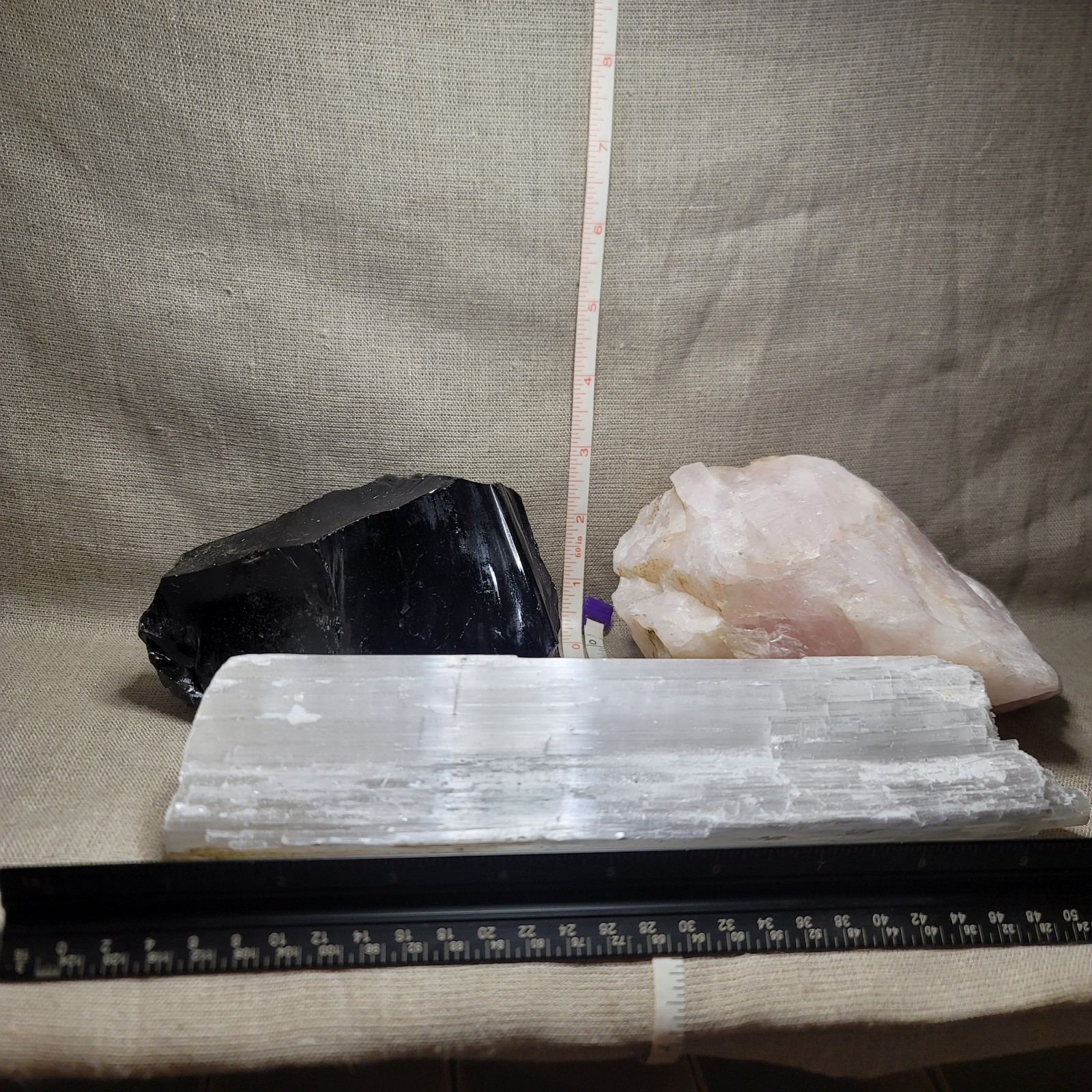 5.46 Lb 3 pcs Crystal Assortment Rough Obsidian Rose Quartz Selenite Bulk Bundle