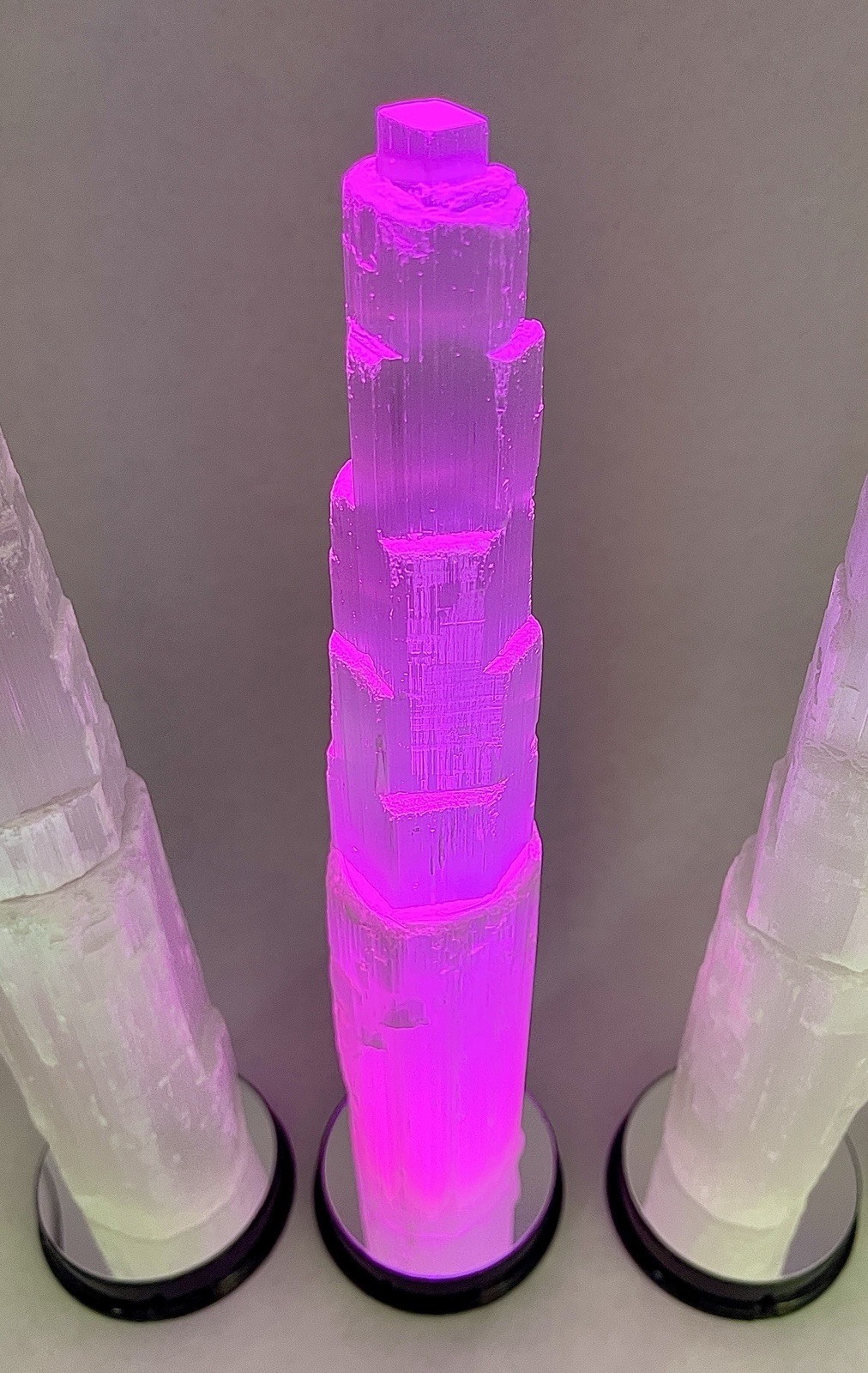 12” Display Crystals Of Satin Spar Tower W/ 6 Color LED Light Stands Included!