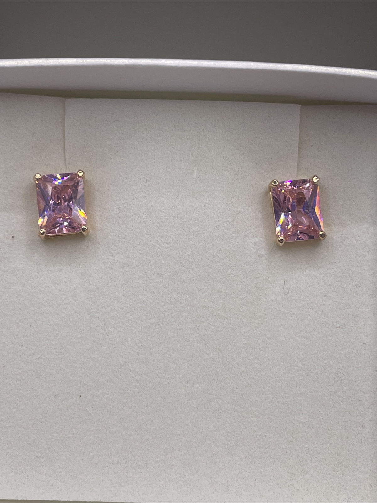 Gold Over Sterling Silver Rectangle Bright Pink Earrings Stud Pink Topaz #1003