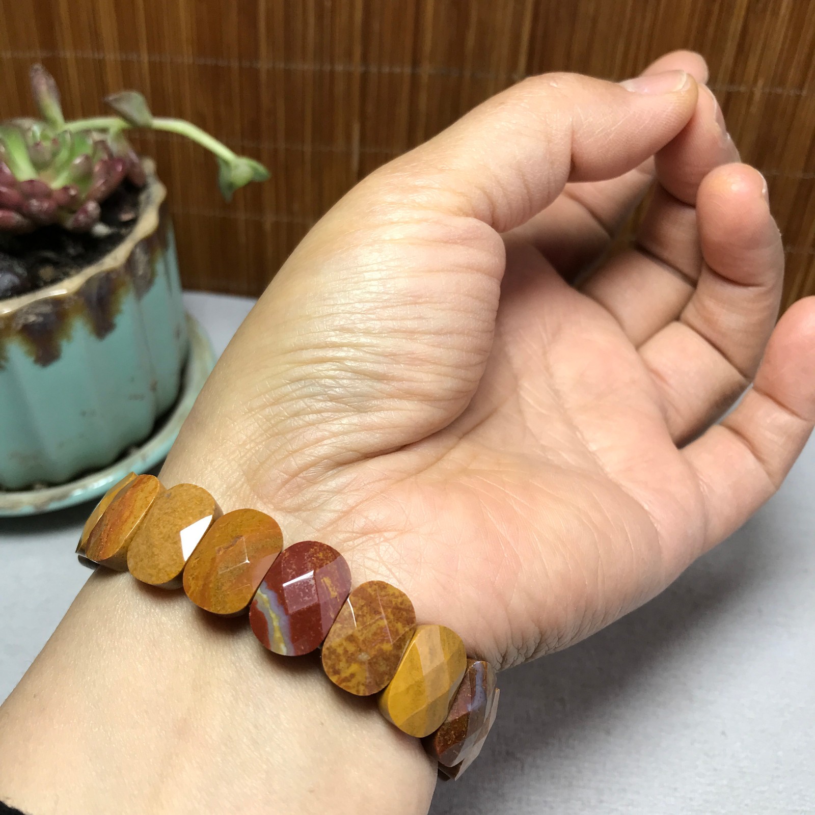 Natural Colored egg yolk Gemstone Bracelet Brown Stretch Bracelet Handmade A4067
