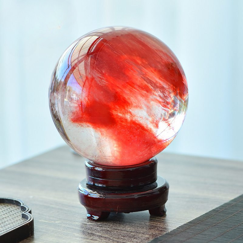 2LB Big Natural Red Smelting Quartz Crystal Sphere Healing Energy Ball W/ Stand